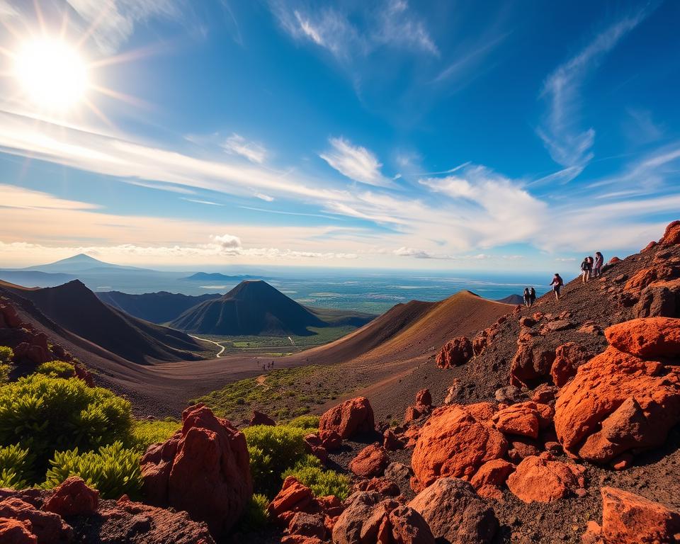 A breathtaking landscape featuring the Caldera de los Cuervos, showcasing volcanic rock formations in vibrant shades of red and black in the foreground. Lush green vegetation contrasts with the rugged terrain, suggesting life amidst the volcanic soil. The middle ground includes a panoramic view of scenic hiking trails winding through the area, with occasional visitors strolling in casual outdoor attire, appreciating the stunning vistas. In the background, the sky is a brilliant blue, dotted with wispy white clouds, as the sun casts warm golden light over the scene, creating a tranquil and inviting atmosphere. The composition captures the essence of exploration and natural beauty, ideal for outdoor enthusiasts and travelers seeking adventure. The angle is slightly elevated, providing a comprehensive view while maintaining a sense of depth. A breathtaking landscape featuring the Caldera de los Cuervos, showcasing volcanic rock formations in vibrant shades of red and black in the foreground. Lush green vegetation contrasts with the rugged terrain, suggesting life amidst the volcanic soil. The middle ground includes a panoramic view of scenic hiking trails winding through the area, with occasional visitors strolling in casual outdoor attire, appreciating the stunning vistas. In the background, the sky is a brilliant blue, dotted with wispy white clouds, as the sun casts warm golden light over the scene, creating a tranquil and inviting atmosphere. The composition captures the essence of exploration and natural beauty, ideal for outdoor enthusiasts and travelers seeking adventure. The angle is slightly elevated, providing a comprehensive view while maintaining a sense of depth.