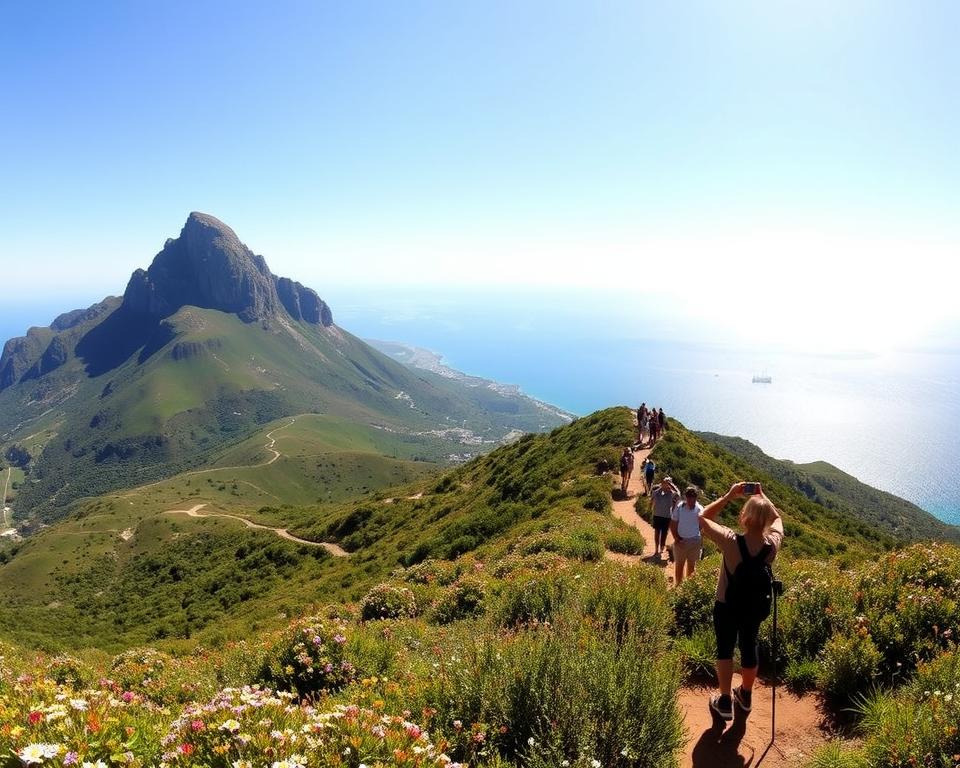 A breathtaking panoramic view of Gibraltar, showcasing the majestic Rock of Gibraltar rising dramatically against a clear blue sky. In the foreground, lush green hills are dotted with wildflowers, inviting hikers to explore. The middle ground features winding trails leading to scenic lookout points, where visitors in modest casual attire capture memorable photographs. In the background, the sparkling Mediterranean Sea stretches toward the horizon, while ships sail peacefully. Soft morning sunlight bathes the landscape, casting gentle shadows and enhancing the vibrant colors of the scene. The image should evoke a sense of adventure and tranquility, inviting viewers to appreciate the natural beauty and stunning vistas that Gibraltar offers to hikers and photographers alike, with a wide-angle perspective that captures the grandeur of the location. A breathtaking panoramic view of Gibraltar, showcasing the majestic Rock of Gibraltar rising dramatically against a clear blue sky. In the foreground, lush green hills are dotted with wildflowers, inviting hikers to explore. The middle ground features winding trails leading to scenic lookout points, where visitors in modest casual attire capture memorable photographs. In the background, the sparkling Mediterranean Sea stretches toward the horizon, while ships sail peacefully. Soft morning sunlight bathes the landscape, casting gentle shadows and enhancing the vibrant colors of the scene. The image should evoke a sense of adventure and tranquility, inviting viewers to appreciate the natural beauty and stunning vistas that Gibraltar offers to hikers and photographers alike, with a wide-angle perspective that captures the grandeur of the location.
