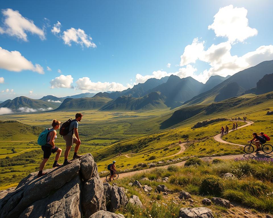 A breathtaking scene in Pico Europa National Park, Spain, showcasing a variety of outdoor activities beyond hiking. In the foreground, a group of adventurous individuals dressed in modest casual clothing engages in climbing on a rocky outcrop. The middle ground features a vibrant, green valley dotted with cyclists navigating scenic trails and families enjoying a picnic amidst wildflowers. In the background, majestic mountains rise under a bright blue sky, with soft, fluffy clouds casting gentle shadows. The lighting is warm and inviting, suggesting a late afternoon, with golden sunlight illuminating the landscape. The mood is lively and adventurous, capturing the essence of exploration and enjoyment in nature’s playground. The angle is slightly elevated, providing a panoramic view of the diverse activities taking place in this stunning natural setting. A breathtaking scene in Pico Europa National Park, Spain, showcasing a variety of outdoor activities beyond hiking. In the foreground, a group of adventurous individuals dressed in modest casual clothing engages in climbing on a rocky outcrop. The middle ground features a vibrant, green valley dotted with cyclists navigating scenic trails and families enjoying a picnic amidst wildflowers. In the background, majestic mountains rise under a bright blue sky, with soft, fluffy clouds casting gentle shadows. The lighting is warm and inviting, suggesting a late afternoon, with golden sunlight illuminating the landscape. The mood is lively and adventurous, capturing the essence of exploration and enjoyment in nature’s playground. The angle is slightly elevated, providing a panoramic view of the diverse activities taking place in this stunning natural setting.