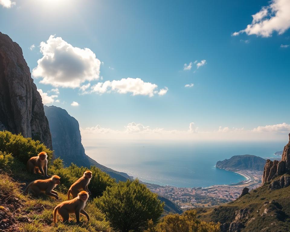A breathtaking scene of the Rock of Gibraltar during the optimal travel season, capturing its majestic cliffs and the iconic Apes that inhabit the area. In the foreground, a group of playful Barbary macaques is seen climbing among the lush greenery, their fur illuminated by warm, golden sunlight. The middle ground features a panoramic view of Gibraltar's rugged terrain, with the Mediterranean Sea glistening under a clear blue sky dotted with fluffy white clouds. In the background, expansive vistas stretch out towards the Spanish coastline, enhancing the feeling of adventure. Soft, natural lighting enhances the vibrant colors, while a slight lens flare adds a dreamy quality. The overall mood is inviting, highlighting the beauty and allure of visiting this unique destination during its best weather conditions. A breathtaking scene of the Rock of Gibraltar during the optimal travel season, capturing its majestic cliffs and the iconic Apes that inhabit the area. In the foreground, a group of playful Barbary macaques is seen climbing among the lush greenery, their fur illuminated by warm, golden sunlight. The middle ground features a panoramic view of Gibraltar's rugged terrain, with the Mediterranean Sea glistening under a clear blue sky dotted with fluffy white clouds. In the background, expansive vistas stretch out towards the Spanish coastline, enhancing the feeling of adventure. Soft, natural lighting enhances the vibrant colors, while a slight lens flare adds a dreamy quality. The overall mood is inviting, highlighting the beauty and allure of visiting this unique destination during its best weather conditions.