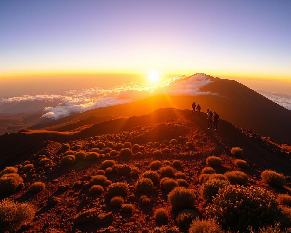 A breathtaking sunrise over Mount Teide, capturing the warm golden hues of the sun illuminating the rugged volcanic landscape. In the foreground, a winding hiking trail leads towards the summit, with silhouettes of hikers in modest casual clothing, filled with a sense of adventure. The middle ground showcases the unique rock formations and shrubs typical of the Teide National Park, bathed in soft morning light. The background features the majestic peak of Teide, partially shrouded in clouds. The sky transitions from deep blue to vibrant oranges and yellows, creating a tranquil and inspiring atmosphere. The image should be shot with a wide-angle lens to enhance the vastness of the landscape, emphasizing the beauty and serenity of this magical moment.