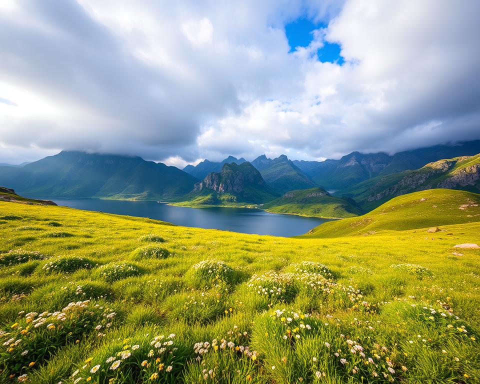 A breathtaking view of Pico Europa Nationalpark in Spain during different weather conditions, illustrating the diversity of its landscape. In the foreground, lush green meadows sprinkled with wildflowers, dappled with soft golden sunlight. The middle ground features rugged mountain peaks shrouded in mist and clouds, showing the grandeur of the park. Behind, a serene lake reflects the mountains, with subtle ripples adding to the tranquil scene. The sky transitions from clear blue to a dramatic gray, hinting at impending rain, capturing the park's varying weather. The atmosphere is peaceful yet dynamic, inviting visitors to experience the natural beauty, emphasizing the best travel times. Shot with a wide-angle lens, showcasing depth and vivid colors. A breathtaking view of Pico Europa Nationalpark in Spain during different weather conditions, illustrating the diversity of its landscape. In the foreground, lush green meadows sprinkled with wildflowers, dappled with soft golden sunlight. The middle ground features rugged mountain peaks shrouded in mist and clouds, showing the grandeur of the park. Behind, a serene lake reflects the mountains, with subtle ripples adding to the tranquil scene. The sky transitions from clear blue to a dramatic gray, hinting at impending rain, capturing the park's varying weather. The atmosphere is peaceful yet dynamic, inviting visitors to experience the natural beauty, emphasizing the best travel times. Shot with a wide-angle lens, showcasing depth and vivid colors.