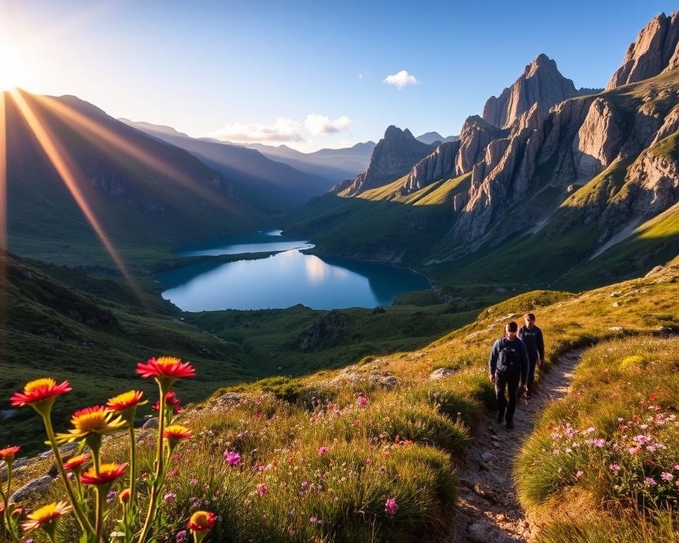 A breathtaking view of Pico Europa Nationalpark in Spain during the golden hour, showcasing its dramatic mountain peaks and lush green valleys. In the foreground, wildflowers in vibrant colors bloom along a winding trail, inviting exploration. The middle ground features a crystal-clear lake reflecting the majestic mountains, while hikers in modest, casual clothing trek along the shoreline, admiring the scenery. The background reveals towering cliffs and the iconic Pico Europa peak, bathed in warm sunlight. Soft, golden rays filter through a few scattered clouds, creating a tranquil and serene atmosphere. The scene captures the essence of adventure and natural beauty, evoking a sense of peace and connection with nature, perfect for illustrating practical tips for visiting the park. A breathtaking view of Pico Europa Nationalpark in Spain during the golden hour, showcasing its dramatic mountain peaks and lush green valleys. In the foreground, wildflowers in vibrant colors bloom along a winding trail, inviting exploration. The middle ground features a crystal-clear lake reflecting the majestic mountains, while hikers in modest, casual clothing trek along the shoreline, admiring the scenery. The background reveals towering cliffs and the iconic Pico Europa peak, bathed in warm sunlight. Soft, golden rays filter through a few scattered clouds, creating a tranquil and serene atmosphere. The scene captures the essence of adventure and natural beauty, evoking a sense of peace and connection with nature, perfect for illustrating practical tips for visiting the park.