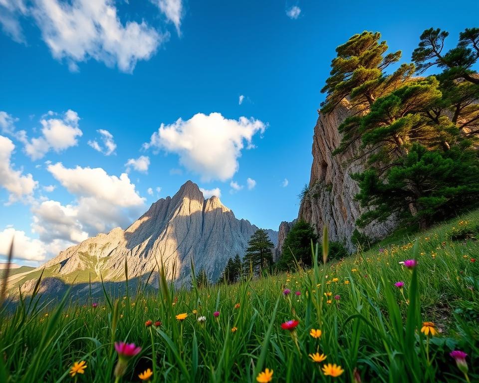 A breathtaking view of Pico Europa, a stunning peak in the heart of Spain's national park. In the foreground, lush green grass dotted with vibrant wildflowers sways gently in the breeze. The middle ground showcases a magnificent rocky cliff with majestic pine trees clinging to the sides, framed by the towering peak of Pico Europa, its rugged surface illuminated by soft, golden sunlight. In the background, clear blue skies meet scattered white clouds, creating a serene and tranquil mood that invites exploration. The angle of the shot captures the grandeur of the landscape, emphasizing the height and beauty of the mountain range. The overall atmosphere is peaceful and awe-inspiring, encouraging a sense of adventure and tranquility in nature. A breathtaking view of Pico Europa, a stunning peak in the heart of Spain's national park. In the foreground, lush green grass dotted with vibrant wildflowers sways gently in the breeze. The middle ground showcases a magnificent rocky cliff with majestic pine trees clinging to the sides, framed by the towering peak of Pico Europa, its rugged surface illuminated by soft, golden sunlight. In the background, clear blue skies meet scattered white clouds, creating a serene and tranquil mood that invites exploration. The angle of the shot captures the grandeur of the landscape, emphasizing the height and beauty of the mountain range. The overall atmosphere is peaceful and awe-inspiring, encouraging a sense of adventure and tranquility in nature.