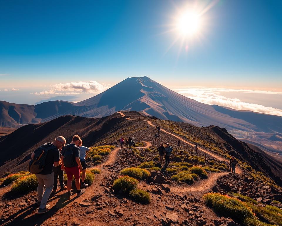 A breathtaking view of Teide National Park, showcasing the iconic Mount Teide volcano under a vibrant sunrise. In the foreground, a small group of hikers in modest hiking attire is preparing for their ascent, checking maps and gear. The middle ground features the winding trail that leads to the summit, dotted with colorful wildflowers and rugged volcanic rocks. In the background, the towering peak of Mount Teide is set against a clear blue sky, with a few fluffy clouds adding depth to the scene. Soft, warm lighting bathes the landscape, creating an inviting atmosphere. The image conveys a sense of adventure and the beauty of nature, perfect for illustrating the costs and preparations for hiking Teide.