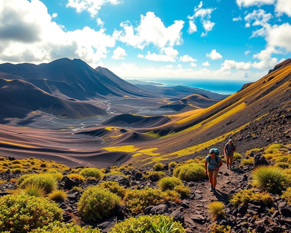 A breathtaking view of the Caldera de los Cuervos in Lanzarote during the optimal hiking season. In the foreground, vibrant green vegetation and rocky paths invite exploration, while hikers dressed in modest casual clothing traverse the landscape, embodying a sense of adventure. The middle ground features the dramatic volcanic landscape with rolling hills and rifts, showcasing the contrast between dark volcanic rock and lush patches of flora. In the background, a stunning blue sky contrasts with white fluffy clouds, illuminating the scene with golden sunlight, enhancing the sculptural forms of the land. The atmosphere is serene yet exhilarating, capturing the essence of nature's beauty in Lanzarote. A breathtaking view of the Caldera de los Cuervos in Lanzarote during the optimal hiking season. In the foreground, vibrant green vegetation and rocky paths invite exploration, while hikers dressed in modest casual clothing traverse the landscape, embodying a sense of adventure. The middle ground features the dramatic volcanic landscape with rolling hills and rifts, showcasing the contrast between dark volcanic rock and lush patches of flora. In the background, a stunning blue sky contrasts with white fluffy clouds, illuminating the scene with golden sunlight, enhancing the sculptural forms of the land. The atmosphere is serene yet exhilarating, capturing the essence of nature's beauty in Lanzarote.