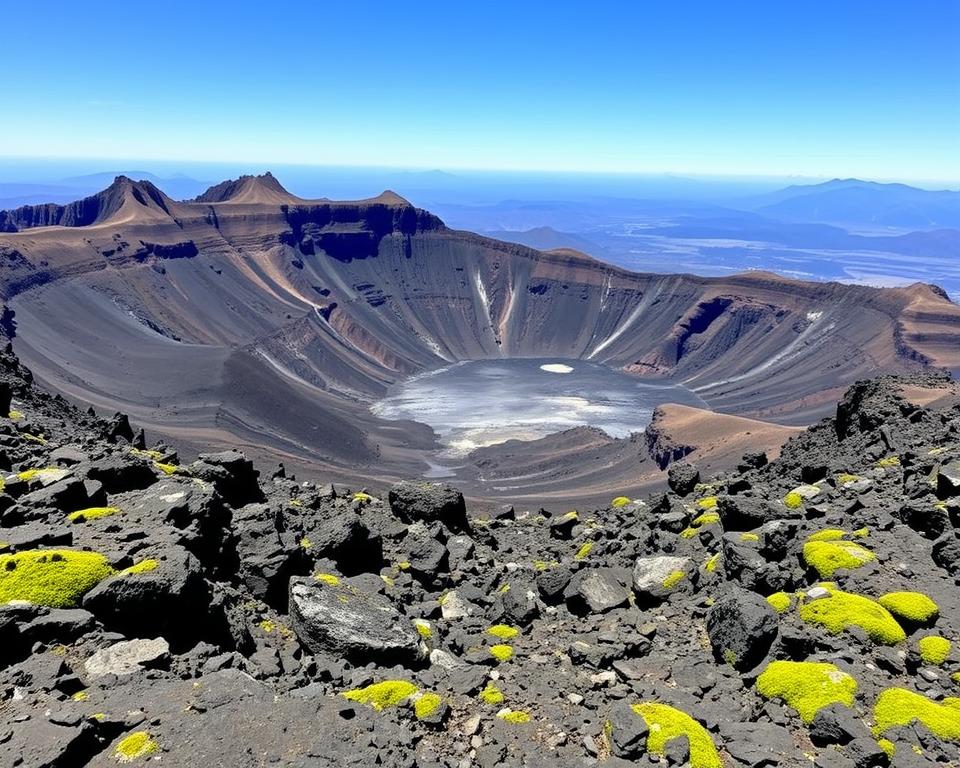 A breathtaking view of the Caldera de los Cuervos, showcasing its impressive geological features. In the foreground, intricately textured volcanic rock formations in shades of black and gray, with patches of vibrant green moss. The middle ground displays the dramatic, layered landscape of the caldera walls, exhibiting various strata of lava flows and ash deposits, with a clear blue sky above. Gentle sunlight casts dynamic shadows, enhancing the details of the terrain. In the background, distant mountains provide a majestic contrast. The atmosphere is serene yet awe-inspiring, inviting viewers to connect with the raw power of nature. Capture this scene from a slightly elevated angle, using a wide lens to emphasize the grandeur of the caldera, with a focus on rich colors and intricate textures. A breathtaking view of the Caldera de los Cuervos, showcasing its impressive geological features. In the foreground, intricately textured volcanic rock formations in shades of black and gray, with patches of vibrant green moss. The middle ground displays the dramatic, layered landscape of the caldera walls, exhibiting various strata of lava flows and ash deposits, with a clear blue sky above. Gentle sunlight casts dynamic shadows, enhancing the details of the terrain. In the background, distant mountains provide a majestic contrast. The atmosphere is serene yet awe-inspiring, inviting viewers to connect with the raw power of nature. Capture this scene from a slightly elevated angle, using a wide lens to emphasize the grandeur of the caldera, with a focus on rich colors and intricate textures.