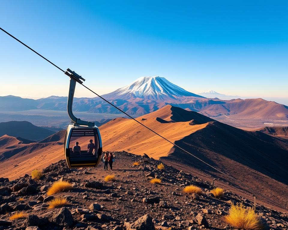 A breathtaking view of the Teide cable car in Tenerife, surrounded by the vast volcanic landscape of Mount Teide. In the foreground, highlight the gondolas of the cable car gliding smoothly along the cables, with a few hikers in modest casual clothing admiring the scenery. The middle ground features rocky terrain and sparse vegetation typical of the national park, showcasing the unique geological formations. The background displays the towering peak of Mount Teide, majestically capped with snow, under a clear blue sky. Soft golden sunlight bathes the scene, creating a warm and inviting atmosphere. The angle captures both the cable car and the expansive landscape, emphasizing the adventure of ascending to the summit.