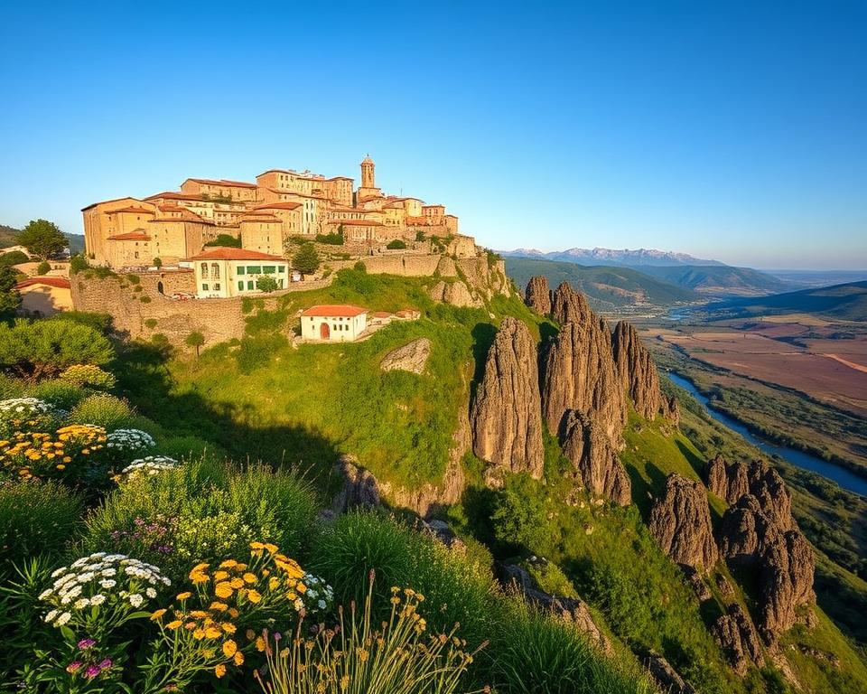 A breathtaking view of the volcanic landscape surrounding Castellfollit de la Roca, showcasing the village perched dramatically on a basalt cliff. In the foreground, lush greenery with wildflowers and rugged terrain, leading to the village's charming stone buildings that blend seamlessly into the natural environment. The middle-ground features the unique hexagonal basalt columns, characteristic of the region's volcanic activity, contrasting beautifully with the blue sky. The background reveals distant rolling hills and a gently flowing river, under soft, golden-hour lighting that casts warm shadows, enhancing the picturesque quality. Capture this in a wide-angle perspective to emphasize the grandeur of the landscape, evoking a serene and inviting atmosphere that invites exploration. A breathtaking view of the volcanic landscape surrounding Castellfollit de la Roca, showcasing the village perched dramatically on a basalt cliff. In the foreground, lush greenery with wildflowers and rugged terrain, leading to the village's charming stone buildings that blend seamlessly into the natural environment. The middle-ground features the unique hexagonal basalt columns, characteristic of the region's volcanic activity, contrasting beautifully with the blue sky. The background reveals distant rolling hills and a gently flowing river, under soft, golden-hour lighting that casts warm shadows, enhancing the picturesque quality. Capture this in a wide-angle perspective to emphasize the grandeur of the landscape, evoking a serene and inviting atmosphere that invites exploration.