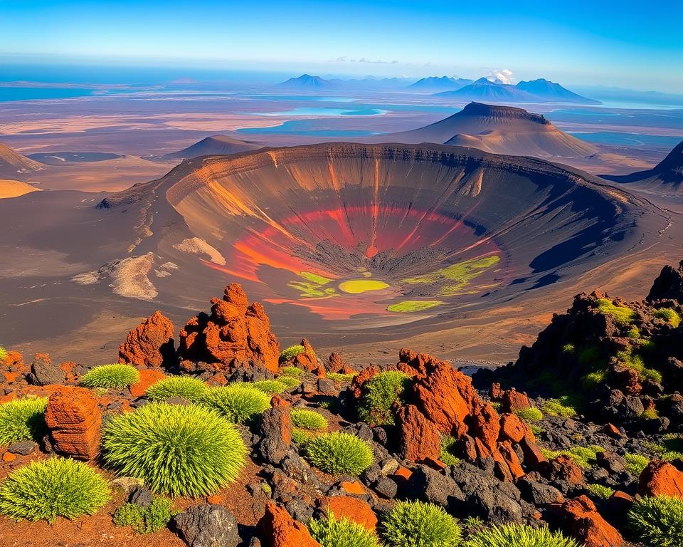 A breathtaking view overlooking the Kraterblick in Lanzarote, showcasing the stunning Caldera de los Cuervos. In the foreground, vibrant volcanic rock formations create a rugged landscape, with scattered lush green vegetation accentuating the arid beauty. The middle ground features the expansive caldera, with a deep crater revealing hues of burnt orange and dark ash intertwining with patches of green. In the background, the distant mountains meet a clear blue sky, with soft sunlight casting gentle shadows, enhancing the depth of the scene. The mood is tranquil and awe-inspiring, inviting viewers to experience the raw beauty of this unique geological formation. The image should be captured from a slightly elevated angle, using warm natural lighting to bring out the textures and colors of the landscape. A breathtaking view overlooking the Kraterblick in Lanzarote, showcasing the stunning Caldera de los Cuervos. In the foreground, vibrant volcanic rock formations create a rugged landscape, with scattered lush green vegetation accentuating the arid beauty. The middle ground features the expansive caldera, with a deep crater revealing hues of burnt orange and dark ash intertwining with patches of green. In the background, the distant mountains meet a clear blue sky, with soft sunlight casting gentle shadows, enhancing the depth of the scene. The mood is tranquil and awe-inspiring, inviting viewers to experience the raw beauty of this unique geological formation. The image should be captured from a slightly elevated angle, using warm natural lighting to bring out the textures and colors of the landscape.