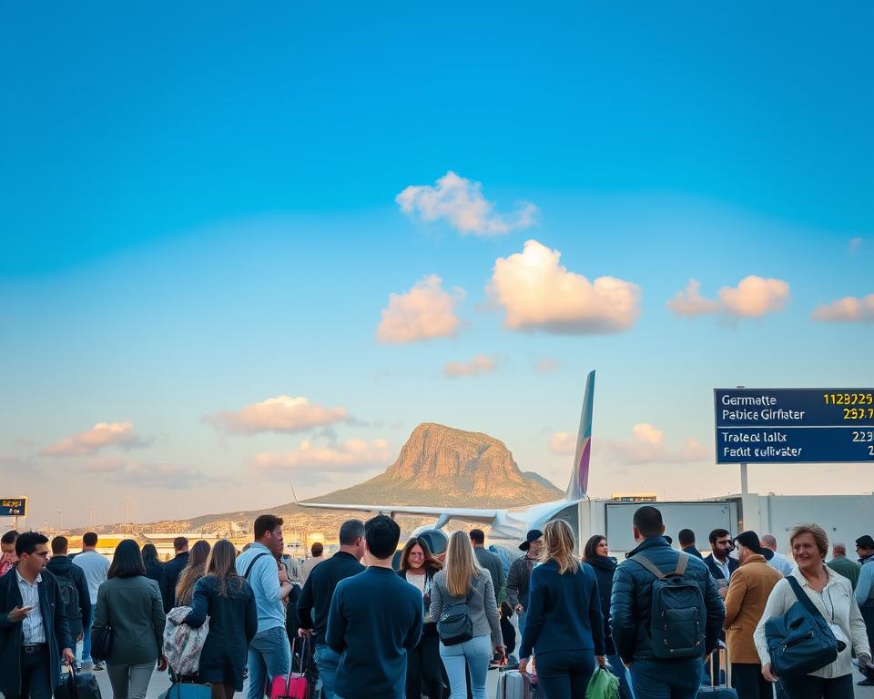 A bustling airport scene showing travelers arriving from Germany, reflecting the excitement of a journey to Gibraltar. In the foreground, a group of diverse individuals dressed in smart casual attire, gathering luggage and discussing their travel plans. The middle ground features a panoramic view of an airplane preparing for takeoff, with signs in multiple languages indicating connections to Gibraltar. In the background, the iconic Rock of Gibraltar looms majestically against a clear blue sky, with soft clouds illuminated by warm late afternoon sunlight. The atmosphere is vibrant and anticipatory, conveying the joy of travel and adventure as it captures the essence of the journey from Germany to Gibraltar. A bustling airport scene showing travelers arriving from Germany, reflecting the excitement of a journey to Gibraltar. In the foreground, a group of diverse individuals dressed in smart casual attire, gathering luggage and discussing their travel plans. The middle ground features a panoramic view of an airplane preparing for takeoff, with signs in multiple languages indicating connections to Gibraltar. In the background, the iconic Rock of Gibraltar looms majestically against a clear blue sky, with soft clouds illuminated by warm late afternoon sunlight. The atmosphere is vibrant and anticipatory, conveying the joy of travel and adventure as it captures the essence of the journey from Germany to Gibraltar.
