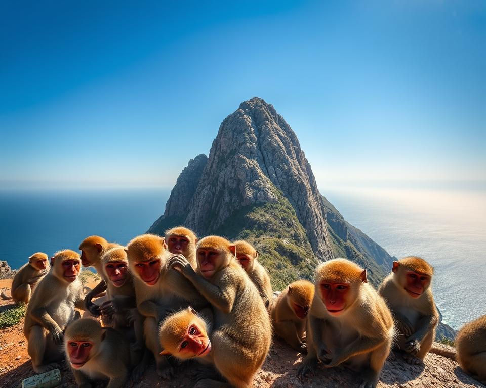 A captivating depiction of the Gibraltar Rock, also known as the Affenfelsen, rising majestically against a brilliant blue sky. In the foreground, a group of playful Barbary macaques, or Berber monkeys, interact in their natural habitat, showcasing their expressive faces and unique postures. Some monkeys are grooming each other, while others are curiously looking toward the viewer, exuding a sense of adventure and intelligence. In the middle ground, the rugged cliffs of Gibraltar are visible, textured with greenery and rocky outcrops. The background features a panoramic view of the Mediterranean Sea, shimmering in the warm sunlight, enhancing the tranquil and serene atmosphere. Use soft, natural lighting to create a sense of warmth and vitality, capturing the essence of this iconic landmark and its fascinating inhabitants. A captivating depiction of the Gibraltar Rock, also known as the Affenfelsen, rising majestically against a brilliant blue sky. In the foreground, a group of playful Barbary macaques, or Berber monkeys, interact in their natural habitat, showcasing their expressive faces and unique postures. Some monkeys are grooming each other, while others are curiously looking toward the viewer, exuding a sense of adventure and intelligence. In the middle ground, the rugged cliffs of Gibraltar are visible, textured with greenery and rocky outcrops. The background features a panoramic view of the Mediterranean Sea, shimmering in the warm sunlight, enhancing the tranquil and serene atmosphere. Use soft, natural lighting to create a sense of warmth and vitality, capturing the essence of this iconic landmark and its fascinating inhabitants.