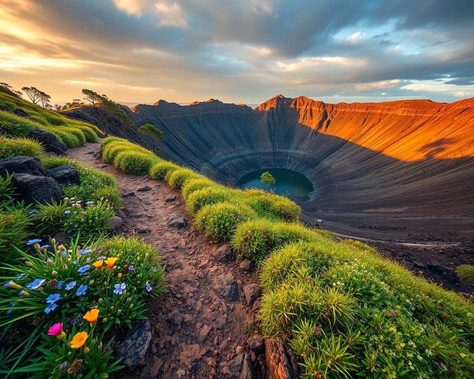 A captivating view of the Caldera de los Cuervos, showcasing the unique volcanic landscape. In the foreground, a rocky pathway winds through vibrant, green vegetation, inviting hikers to explore. Scattered wildflowers in various colors add a burst of life. The middle ground features the majestic caldera edges, steep and rugged, dotted with sparse trees and volcanic formations, displaying various textures. The background reveals a dramatic sky at golden hour, with soft, warm light casting long shadows and illuminating the caldera bowl below. The atmosphere is serene yet adventurous, capturing the spirit of hiking in this enchanting region. The composition uses a wide-angle perspective to emphasize the grandeur of the landscape, creating a sense of depth and wonder. A captivating view of the Caldera de los Cuervos, showcasing the unique volcanic landscape. In the foreground, a rocky pathway winds through vibrant, green vegetation, inviting hikers to explore. Scattered wildflowers in various colors add a burst of life. The middle ground features the majestic caldera edges, steep and rugged, dotted with sparse trees and volcanic formations, displaying various textures. The background reveals a dramatic sky at golden hour, with soft, warm light casting long shadows and illuminating the caldera bowl below. The atmosphere is serene yet adventurous, capturing the spirit of hiking in this enchanting region. The composition uses a wide-angle perspective to emphasize the grandeur of the landscape, creating a sense of depth and wonder.
