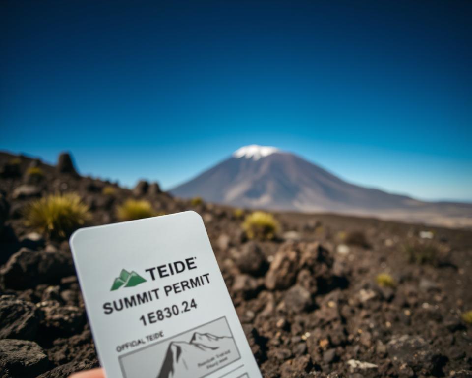 A close-up of a Teide summit permit, prominently displayed in the foreground, featuring clear details like the official logo, date, and mountain illustration. Surrounding the permit is a lush, rugged landscape of volcanic rock and sparse vegetation, capturing the essence of Mount Teide’s unique terrain. In the background, the majestic silhouette of Teide rises against a deep blue sky, with soft, diffused sunlight illuminating the scene, creating a warm and inviting atmosphere. The image composition should have a slight angle that enhances depth, evoking a sense of adventure and exploration. Focus on realistic textures and colors to convey authenticity and a connection to nature, ensuring no text or watermarks are present.
