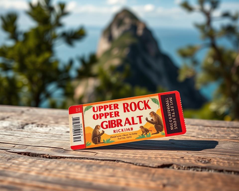 A close-up view of the Upper Rock Ticket for Gibraltar, artistically displayed on a rustic wooden table. The ticket features vibrant colors with a detailed design, showcasing iconic imagery of the Gibraltar monkeys and the breathtaking Rock of Gibraltar in the background. Soft, natural lighting accentuates the textures of the ticket and wood, while a blurred view of lush greenery and the azure sky creates an inviting atmosphere. The lens should capture a slight tilt upwards, giving a sense of grandeur to the rock formation behind the ticket. The mood is warm and welcoming, perfect to inspire potential visitors planning their journey to Gibraltar. No text overlays or captions are included in the image. A close-up view of the Upper Rock Ticket for Gibraltar, artistically displayed on a rustic wooden table. The ticket features vibrant colors with a detailed design, showcasing iconic imagery of the Gibraltar monkeys and the breathtaking Rock of Gibraltar in the background. Soft, natural lighting accentuates the textures of the ticket and wood, while a blurred view of lush greenery and the azure sky creates an inviting atmosphere. The lens should capture a slight tilt upwards, giving a sense of grandeur to the rock formation behind the ticket. The mood is warm and welcoming, perfect to inspire potential visitors planning their journey to Gibraltar. No text overlays or captions are included in the image.