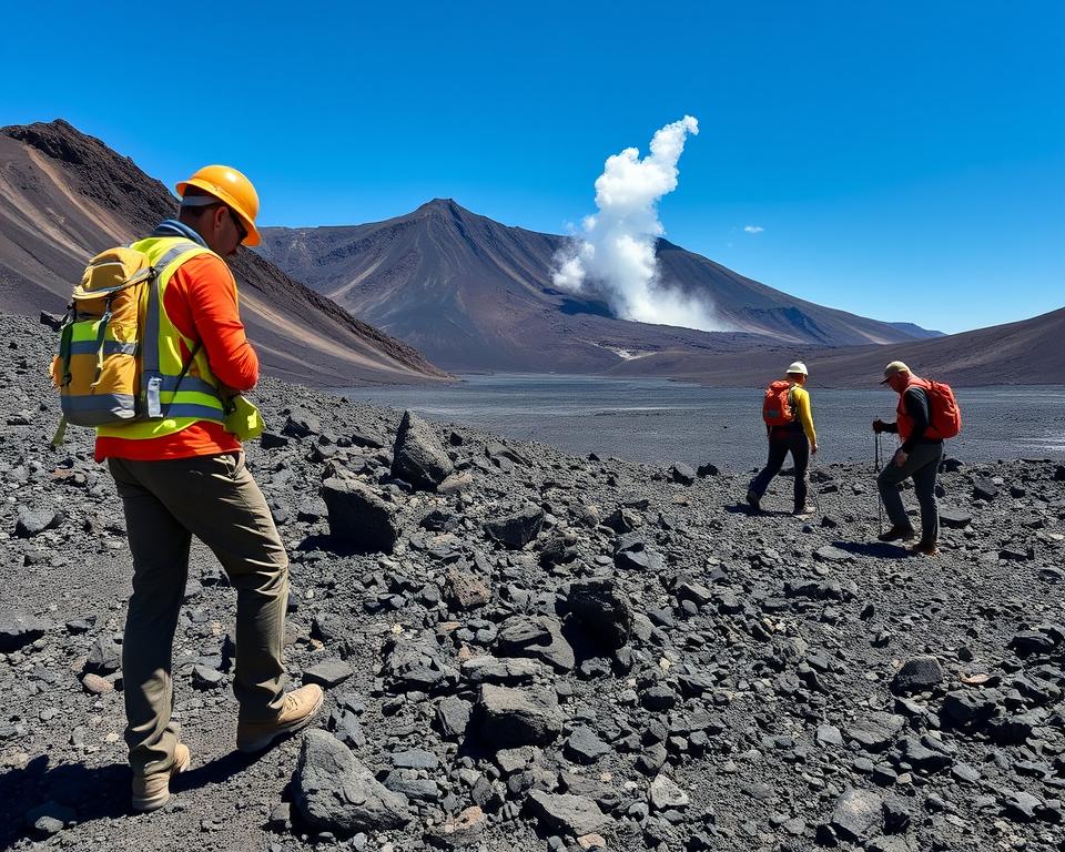 A dramatic volcanic landscape showcasing the Caldera de los Cuervos with a focus on safety during a hiking expedition. In the foreground, a hiker in professional attire examines the rugged terrain, surrounded by a mix of lava rocks and loose gravel, emphasizing the need for caution. In the middle ground, additional hikers equipped with safety gear can be seen navigating carefully, highlighting group dynamics in a challenging environment. The background features a dramatic, steaming volcano under a clear blue sky, casting dynamic shadows across the uneven ground. Use bright, natural lighting to capture the details of the landscape, with a slightly elevated angle to provide a comprehensive view of the hazards and beauty of the area, evoking a sense of adventure balanced with safety awareness. A dramatic volcanic landscape showcasing the Caldera de los Cuervos with a focus on safety during a hiking expedition. In the foreground, a hiker in professional attire examines the rugged terrain, surrounded by a mix of lava rocks and loose gravel, emphasizing the need for caution. In the middle ground, additional hikers equipped with safety gear can be seen navigating carefully, highlighting group dynamics in a challenging environment. The background features a dramatic, steaming volcano under a clear blue sky, casting dynamic shadows across the uneven ground. Use bright, natural lighting to capture the details of the landscape, with a slightly elevated angle to provide a comprehensive view of the hazards and beauty of the area, evoking a sense of adventure balanced with safety awareness.