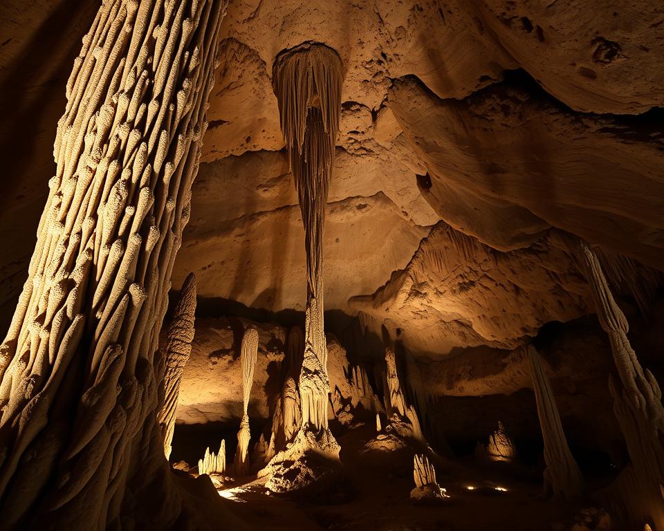 A grand view of the largest stalactite, known as Sala del Cataclismo, inside the Nerja Caves in Spain. In the foreground, highlight the massive stalactite, intricately detailed with mineral formations glistening under soft, warm lighting, casting shadows on the cave floor. The middle ground features a vast cavern, with other impressive stalactites and stalagmites in various shapes and sizes, bathed in gentle illumination. The background reveals the expansive, rocky walls of the cave, showcasing rich textures and subtle color variations in the stone. The atmosphere is mystical and serene, with a hint of adventure, evoking the sense of exploration within this stunning underground world. Capture the scene from a slightly low angle to emphasize the towering stalactite and convey a feeling of grandeur.