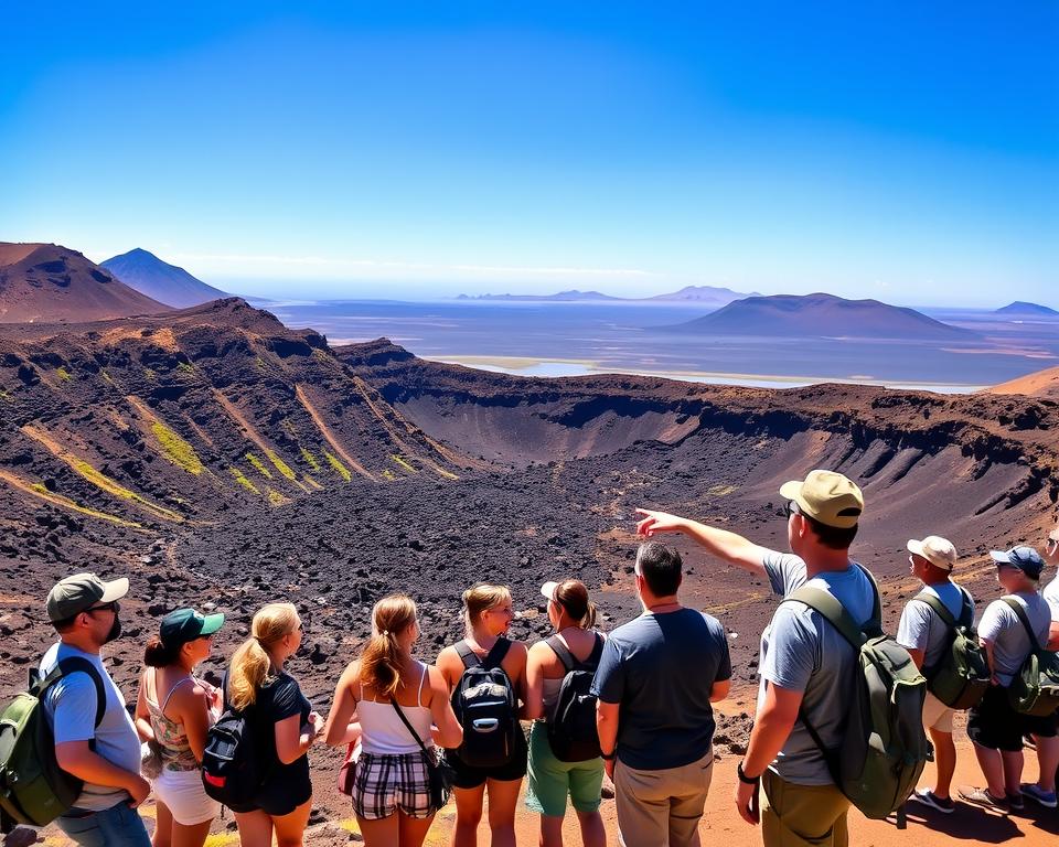 A guided tour in the Caldera de los Cuervos, Lanzarote, showcasing a group of tourists in casual, modest clothing exploring the unique volcanic landscape. In the foreground, tourists are gathered around a tour guide who is pointing towards an impressive volcanic crater, showcasing the rugged terrain dotted with black basalt rocks and vibrant, green vegetation. The middle ground features the expansive caldera with its dramatic cliffs and varied textures, while the background highlights distant, undulating volcanic hills under a clear blue sky. The lighting is warm and inviting, suggesting midday sun, with soft shadows adding depth to the scene. The atmosphere is one of excitement and curiosity, inviting viewers to appreciate the geological wonders of Lanzarote. A guided tour in the Caldera de los Cuervos, Lanzarote, showcasing a group of tourists in casual, modest clothing exploring the unique volcanic landscape. In the foreground, tourists are gathered around a tour guide who is pointing towards an impressive volcanic crater, showcasing the rugged terrain dotted with black basalt rocks and vibrant, green vegetation. The middle ground features the expansive caldera with its dramatic cliffs and varied textures, while the background highlights distant, undulating volcanic hills under a clear blue sky. The lighting is warm and inviting, suggesting midday sun, with soft shadows adding depth to the scene. The atmosphere is one of excitement and curiosity, inviting viewers to appreciate the geological wonders of Lanzarote.
