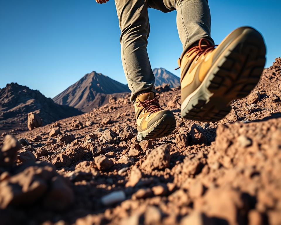A hiker confidently navigating a rocky volcanic terrain, showcasing excellent footing and balance. The foreground features detailed close-ups of the hiker's sturdy hiking boots gripping the uneven ground, emphasizing trittsicherheit (sure-footedness). In the middle ground, the hiker, dressed in professional casual outdoor attire, scales the steep slopes of Mount Teide, with a backdrop of jagged volcanic rocks and sparse vegetation. The background displays the majestic Teide peak under a clear blue sky, creating a sense of elevation and adventure. Soft, warm sunlight bathes the scene, casting gentle shadows that enhance the contours of the landscape. The atmosphere is adventurous and serene, inviting viewers to appreciate both the challenge and beauty of hiking in a volcanic environment.