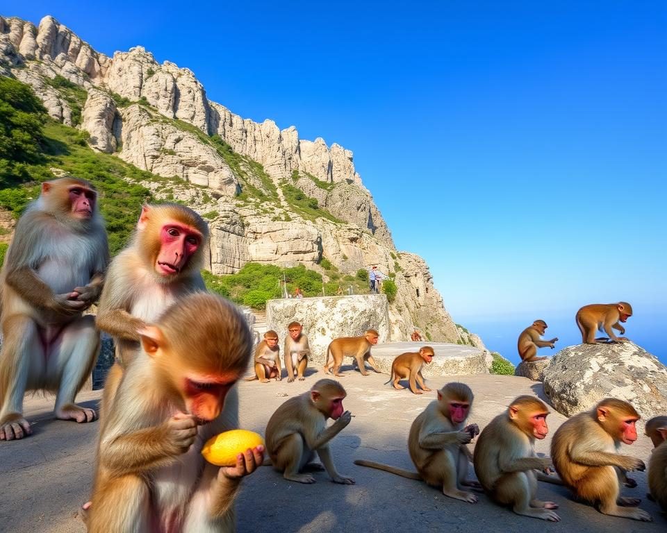 A lively scene at the famous Rock of Gibraltar, showcasing a group of playful Barbary macaques (the monkeys of Gibraltar) interacting in their natural habitat. In the foreground, a curious young monkey examines a piece of fruit, while an adult watches protectively nearby. The middle ground captures a variety of macaques engaged in playful activities, such as grooming and climbing. The background features the iconic limestone cliffs of Gibraltar under a clear blue sky, with lush greenery dotting the rocky landscape. Soft, diffused sunlight highlights the fur of the monkeys and casts gentle shadows, creating a warm, inviting atmosphere that emphasizes both their safety and playful behavior. Capture this scene with a wide-angle lens for depth. A lively scene at the famous Rock of Gibraltar, showcasing a group of playful Barbary macaques (the monkeys of Gibraltar) interacting in their natural habitat. In the foreground, a curious young monkey examines a piece of fruit, while an adult watches protectively nearby. The middle ground captures a variety of macaques engaged in playful activities, such as grooming and climbing. The background features the iconic limestone cliffs of Gibraltar under a clear blue sky, with lush greenery dotting the rocky landscape. Soft, diffused sunlight highlights the fur of the monkeys and casts gentle shadows, creating a warm, inviting atmosphere that emphasizes both their safety and playful behavior. Capture this scene with a wide-angle lens for depth.
