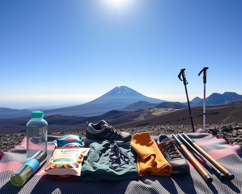A neatly organized pack list for hiking on Mount Teide, displayed in a visually appealing way. In the foreground, a flat lay of essential hiking items including a water bottle, energy snacks, a lightweight jacket, a sturdy pair of hiking shoes, and trekking poles, all arranged on a textured outdoor blanket. In the middle ground, the majestic silhouette of Mount Teide looms under a bright blue sky, emphasizing the hiking theme. In the background, the volcanic landscape shows rugged terrain and sparse vegetation typical of the region. The lighting is bright and natural, capturing the essence of a sunny day on a hiking adventure. Aim for a fresh and motivational atmosphere that resonates with outdoor enthusiasts.
