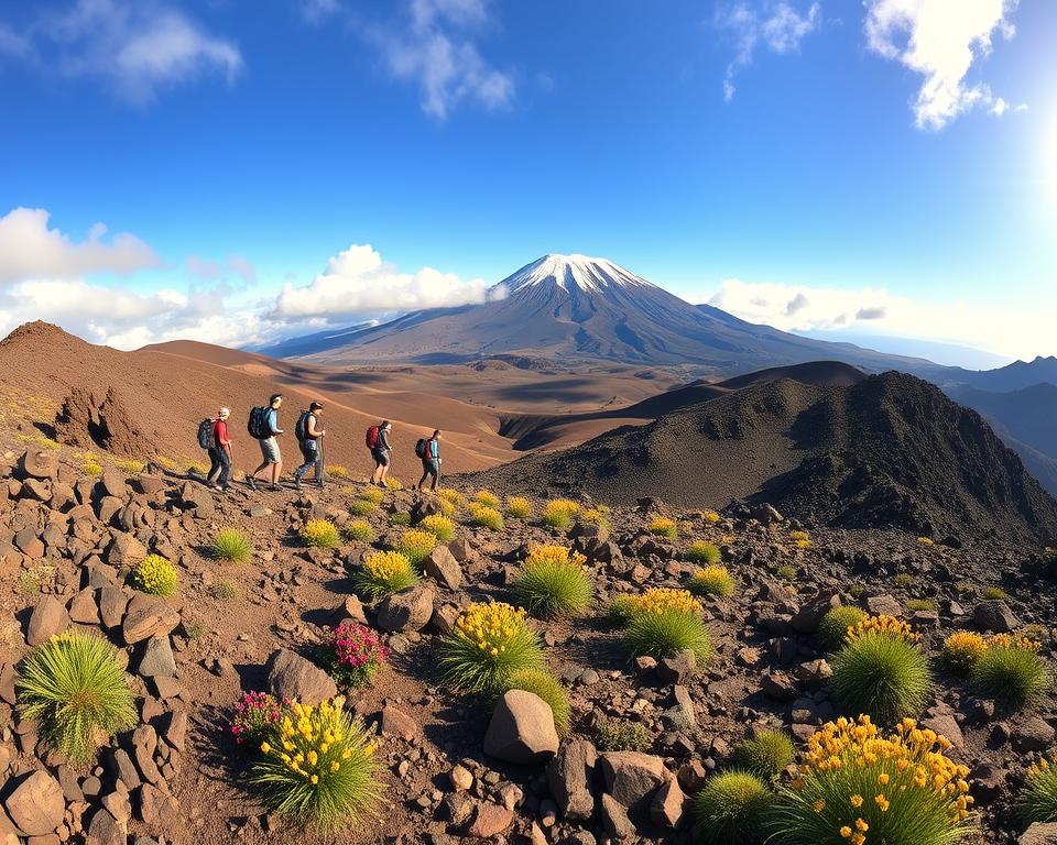 A panoramic landscape showcasing the diverse hiking routes of Teide National Park on Tenerife, Spain. In the foreground, a rugged trail winds through volcanic rock formations and vibrant wildflowers. In the middle ground, hikers in modest outdoor clothing traverse the various paths, ascending toward the majestic Mount Teide, which dominates the background with its snow-capped peak under a clear blue sky. The scene is bathed in golden sunlight, casting dynamic shadows on the terrain, emphasizing the volcanic textures. The atmosphere is serene and adventurous, inviting viewers to explore the natural beauty and hiking opportunities of this unique destination. A wide-angle view captures the expansive vistas and dramatic clouds drifting above the mountain.