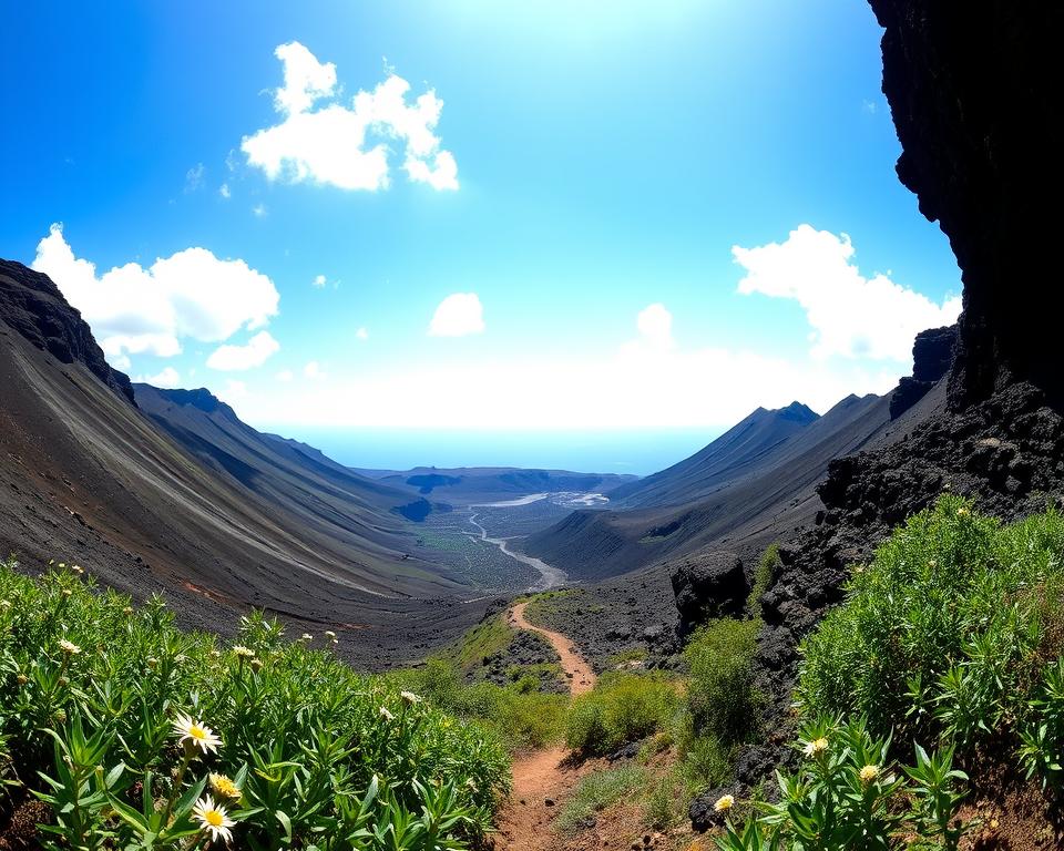 A panoramic view of Caldera de los Cuervos, featuring dramatic volcanic landscapes with rich, dark earth tones and gentle slopes rising in the background. In the foreground, vibrant green vegetation contrasts with the black rock formations, framed by delicate wildflowers. The middle ground highlights a winding path leading towards the caldera, with a clear blue sky above dotted with fluffy white clouds. Sunlight bathes the scene, casting soft shadows that enhance the topography. The atmosphere is tranquil and inviting, evoking a sense of adventure and exploration, perfect for illustrating the journey to the caldera. Capture this serene yet awe-inspiring location from an elevated angle, showcasing the impressive scale of this natural wonder. A panoramic view of Caldera de los Cuervos, featuring dramatic volcanic landscapes with rich, dark earth tones and gentle slopes rising in the background. In the foreground, vibrant green vegetation contrasts with the black rock formations, framed by delicate wildflowers. The middle ground highlights a winding path leading towards the caldera, with a clear blue sky above dotted with fluffy white clouds. Sunlight bathes the scene, casting soft shadows that enhance the topography. The atmosphere is tranquil and inviting, evoking a sense of adventure and exploration, perfect for illustrating the journey to the caldera. Capture this serene yet awe-inspiring location from an elevated angle, showcasing the impressive scale of this natural wonder.