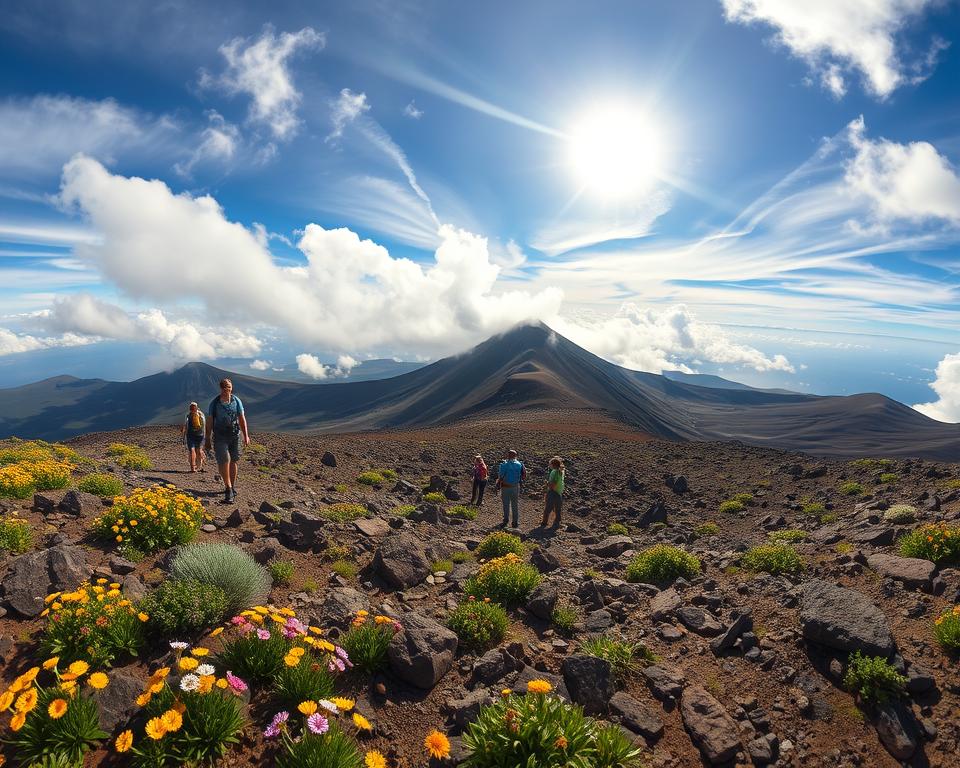 A panoramic view of Mount Teide under a dynamic sky, showcasing a mix of radiant sunlight piercing through fluffy clouds and intermittent shadows, creating a climate reminiscent of the mountainous regions in late spring. In the foreground, vibrant wildflowers scatter across the rocky terrain, while hikers, dressed in modest casual clothing, can be seen traversing the path up the mountain. The middle of the image captures the textured volcanic landscape with rocky outcrops and patches of green vegetation, leading towards the majestic summit of Teide, which looms impressively in the background. The atmosphere is tranquil, infused with the feeling of adventure and exploration, emphasizing the ideal weather for hiking. Shot with a wide-angle lens to encompass the breathtaking scale of the scene, with soft, warm lighting to evoke a welcoming mood.