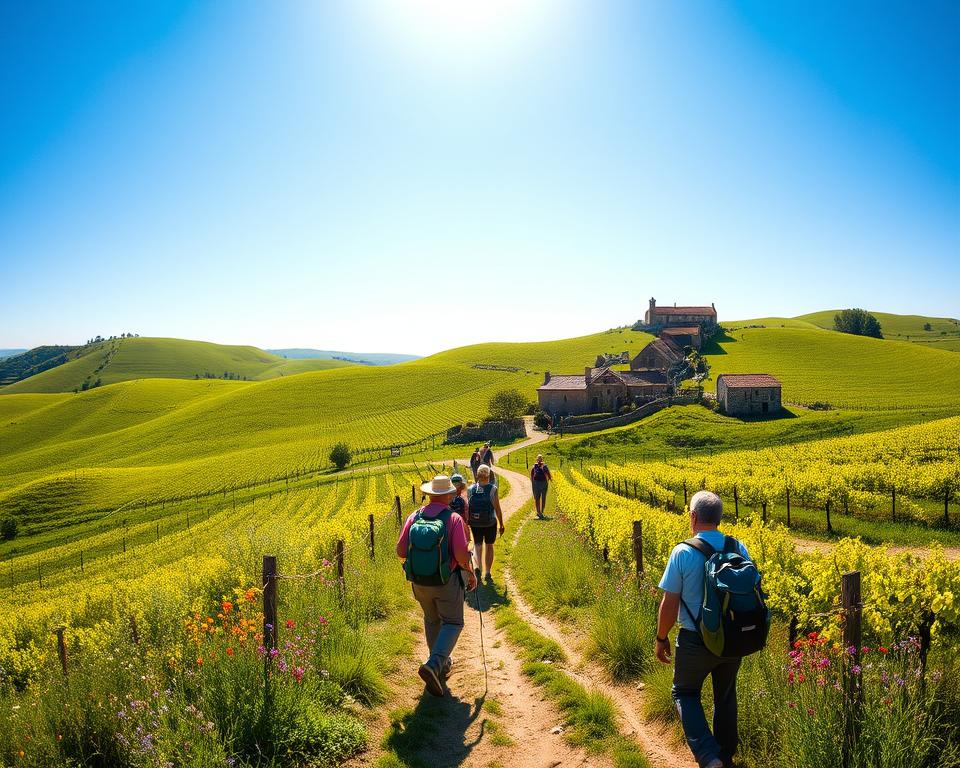 A panoramic view of the Camino Portugués surrounded by rolling green hills under a bright blue sky. In the foreground, a winding path leads pilgrims dressed in modest, casual hiking attire, carrying backpacks, as they walk peacefully. Their expressions reflect a sense of tranquility and adventure. In the middle ground, vibrant wildflowers bloom, adding splashes of color to the path. The background showcases sunlit vineyards and ancient stone houses typical of the Portuguese countryside. Soft, warm light enhances the scene, evoking a hopeful and serene atmosphere. The image captures the essence of the best travel time for the Camino, illustrating favorable weather, gentle sunlight, and a manageable number of pilgrims, creating a harmonious ambiance.