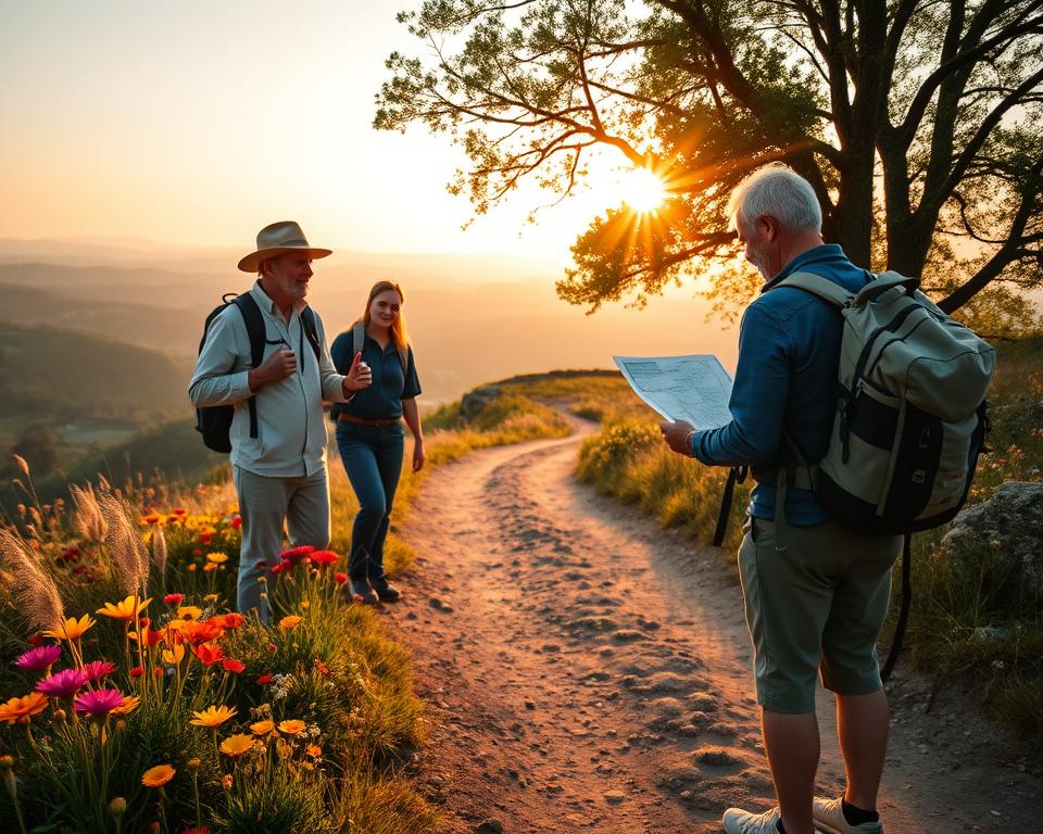 A picturesque landscape showcasing the journey of pilgrims traveling from Germany to the Camino Portugués. In the foreground, a diverse group of travelers in modest casual clothing, including a middle-aged couple and a young solo hiker, are examining a map with excitement and determination. The middle ground features a winding dirt path lined with vibrant wildflowers, leading towards the scenic rolling hills typical of the German countryside. In the background, soft, golden light filters through a canopy of trees at sunset, creating an inviting and serene atmosphere. The angle captures a slightly elevated viewpoint, enhancing the sense of adventure and discovery. The overall mood is one of anticipation and connection to nature, reflecting the spirit of pilgrimage.