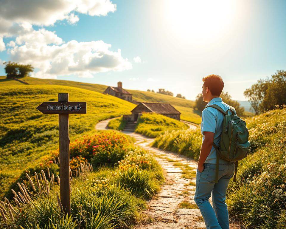 A picturesque scene illustrating the "Camino Portugués," showcasing a winding trail lined with lush greenery. In the foreground, a serene pilgrim, clad in modest casual clothing, is walking with a backpack, gazing contemplatively at a rustic signpost marking the route. The middle ground features rolling hills dotted with vibrant wildflowers and quaint stone cottages, evoking a sense of tranquility. In the background, a bright blue sky with soft, fluffy clouds enhances the uplifting atmosphere, while golden sunlight filters through the trees, casting gentle shadows along the path. Captured with a classic lens, the image emphasizes depth and clarity, inviting the viewer to experience the beauty and serenity of this pilgrimage route.
