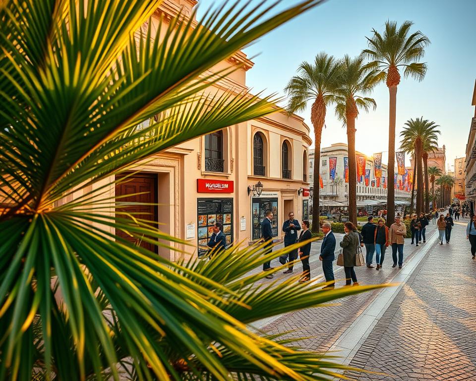 A picturesque scene of Museum Nerja located in Plaza de España, showcasing the architectural beauty of the museum with its unique blend of modern and traditional Spanish style. In the foreground, lush green palms sway gently in the warm sunlight, framing the entrance to the museum. The middle ground features visitors in professional attire, admiring the intricate details of the museum's façade and engaging with informative displays. In the background, the vibrant plaza is bustling with activity, adorned with colorful banners signaling a local festival, while cobblestone paths lead deeper into Nerja's charming streets. The image is captured during golden hour, with soft, warm lighting casting long shadows and creating a welcoming atmosphere that invites exploration. The composition is slightly angled for depth, emphasizing the beauty of both the museum and the surrounding environment.