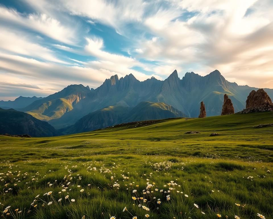 A picturesque view of Pico Europa Nationalpark, showcasing its rich history and natural beauty. Foreground: lush green meadows dotted with wildflowers, creating a serene setting. Middle ground: majestic mountains with rugged peaks, casting shadows under a dramatic sky filled with soft, wispy clouds. The changing colors of the landscape illustrate the passage of time, from warm golden hues to deep greens. Background: the outline of ancient rock formations that hint at the geological history of the area. The lighting is soft, reminiscent of early morning, casting a golden glow over the landscape, with a cinematic angle slightly elevated to capture the grandeur of the terrain. The mood is tranquil, inviting viewers to reflect on the park’s natural history and formation. A picturesque view of Pico Europa Nationalpark, showcasing its rich history and natural beauty. Foreground: lush green meadows dotted with wildflowers, creating a serene setting. Middle ground: majestic mountains with rugged peaks, casting shadows under a dramatic sky filled with soft, wispy clouds. The changing colors of the landscape illustrate the passage of time, from warm golden hues to deep greens. Background: the outline of ancient rock formations that hint at the geological history of the area. The lighting is soft, reminiscent of early morning, casting a golden glow over the landscape, with a cinematic angle slightly elevated to capture the grandeur of the terrain. The mood is tranquil, inviting viewers to reflect on the park’s natural history and formation.