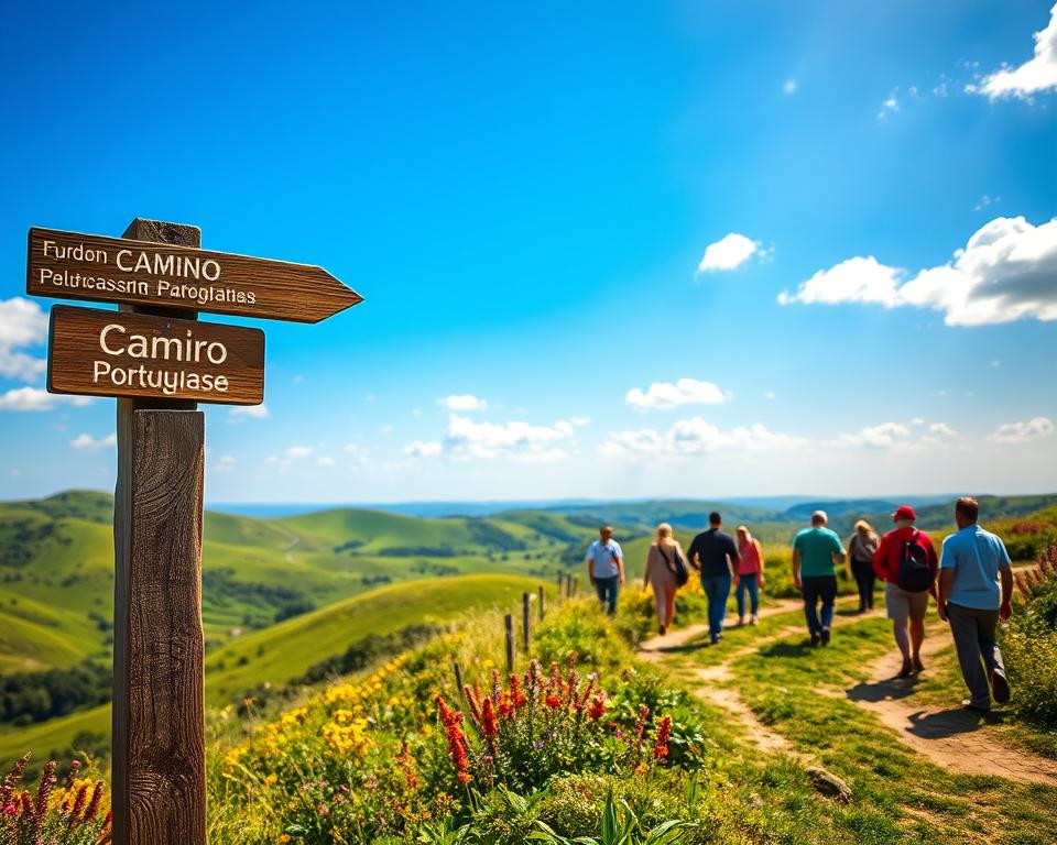 A picturesque view of the Camino Portuguese route in Portugal, emphasizing lush green hills and winding trails. In the foreground, a rustic wooden signpost points towards various pilgrimage towns, surrounded by vibrant wildflowers. In the middle ground, a diverse group of pilgrims in modest casual attire walk along the path, engaged in conversation and enjoying the scenery. The background features rolling hills under a bright blue sky, dotted with fluffy white clouds. Soft, golden sunlight bathes the landscape, creating a warm and inviting atmosphere. Focus on a wide-angle perspective that captures the expansiveness of the route, highlighting its significance as a spiritual journey.