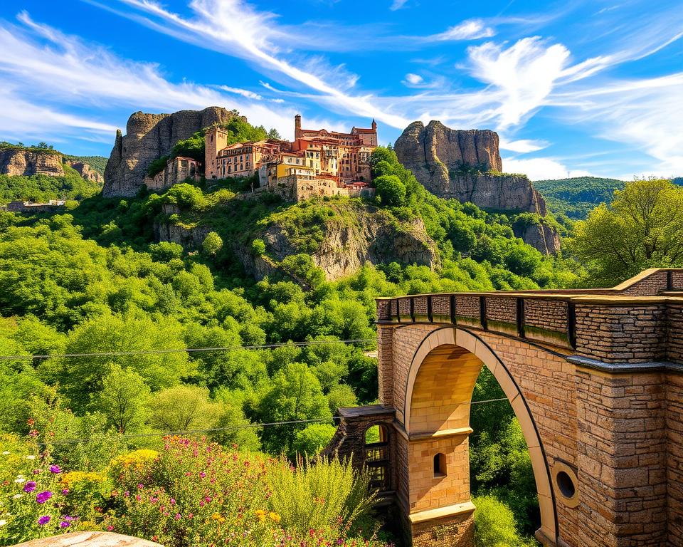 A scenic view of Castellfollit de la Roca from a picturesque bridge. In the foreground, the sturdy stone bridge arches gracefully over a lush green valley, adorned with vibrant wildflowers. The middle ground showcases the unique basalt cliffs, rising dramatically, with the charming village of Castellfollit de la Roca perched atop, its narrow houses cascading down the cliff side. The backdrop features a clear blue sky with wispy clouds, illuminated by soft, warm sunlight creating a serene atmosphere. The angle captures the depth of the valley and the height of the cliffs, enhancing the visual drama. The overall mood is tranquil and inviting, reflecting the beauty and charm of this hidden gem in Spain. Highly detailed and photorealistic. A scenic view of Castellfollit de la Roca from a picturesque bridge. In the foreground, the sturdy stone bridge arches gracefully over a lush green valley, adorned with vibrant wildflowers. The middle ground showcases the unique basalt cliffs, rising dramatically, with the charming village of Castellfollit de la Roca perched atop, its narrow houses cascading down the cliff side. The backdrop features a clear blue sky with wispy clouds, illuminated by soft, warm sunlight creating a serene atmosphere. The angle captures the depth of the valley and the height of the cliffs, enhancing the visual drama. The overall mood is tranquil and inviting, reflecting the beauty and charm of this hidden gem in Spain. Highly detailed and photorealistic.