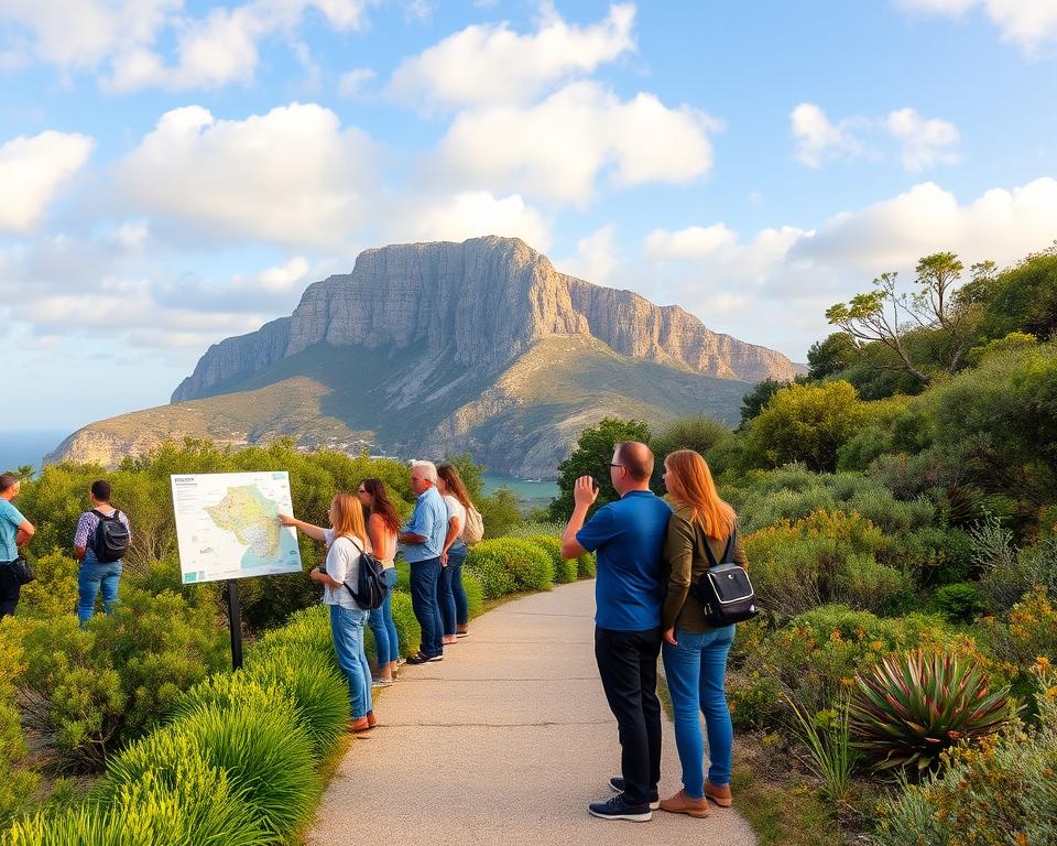 A scenic view of Gibraltar, featuring the iconic Rock of Gibraltar prominently in the background, its limestone cliffs bathed in golden afternoon light. In the foreground, a well-maintained pathway lined with lush greenery guides the viewer’s gaze, inviting exploration. To the side, a group of tourists—dressed in casual, modest clothing—study a detailed orientation map, pointing towards various landmarks. Surrounding them, a diverse landscape of Mediterranean plants and shrubs flourishes, creating a vibrant atmosphere. The sky above is a clear blue, with soft, fluffy clouds adding depth. This image captures a sense of adventure and discovery, perfect for illustrating how visitors can navigate Gibraltar's unique terrain.