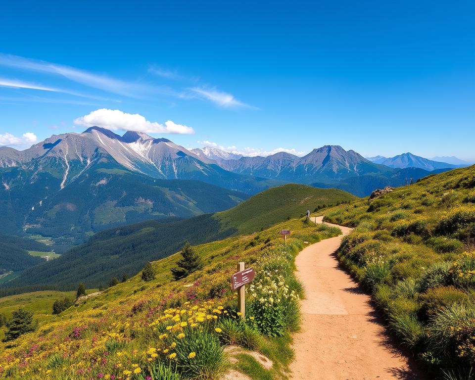 A scenic view of Pico Europa Nationalpark in Spain, showcasing a winding hiking trail leading through lush greenery. In the foreground, a well-marked path with signs guiding visitors, lined with vibrant wildflowers under a clear blue sky. The middle ground features tall, majestic mountains with snow-capped peaks, partially shrouded in wisps of clouds. In the background, a breathtaking vista of rugged hills and dense forests, reflecting the diverse landscape of the park. Soft, warm sunlight bathes the scene, creating a serene and inviting atmosphere. The image should be captured from a slightly elevated angle to provide a sense of depth, emphasizing the grandeur of nature while conveying the theme of access and exploration within the park. A scenic view of Pico Europa Nationalpark in Spain, showcasing a winding hiking trail leading through lush greenery. In the foreground, a well-marked path with signs guiding visitors, lined with vibrant wildflowers under a clear blue sky. The middle ground features tall, majestic mountains with snow-capped peaks, partially shrouded in wisps of clouds. In the background, a breathtaking vista of rugged hills and dense forests, reflecting the diverse landscape of the park. Soft, warm sunlight bathes the scene, creating a serene and inviting atmosphere. The image should be captured from a slightly elevated angle to provide a sense of depth, emphasizing the grandeur of nature while conveying the theme of access and exploration within the park.