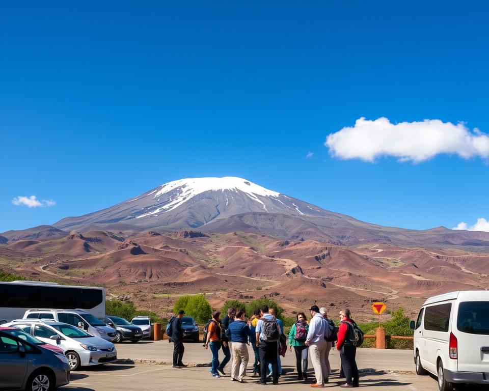 A scenic view of Teide National Park during a sunny day, with the majestic Mount Teide in the background, its peak capped with snow. In the foreground, a well-maintained parking area filled with cars and a bus, inviting travelers to embark on their adventure. A group of hikers in modest casual attire, equipped with backpacks, are gathered at a designated meeting point, discussing their plans for the hike. The middle ground features winding paths leading up the mountain, surrounded by unique volcanic rock formations and vibrant greenery. The bright blue sky is dotted with a few fluffy clouds, casting soft shadows on the landscape. The overall atmosphere is lively and inviting, reflecting a sense of adventure and exploration. Use natural lighting to enhance the colors of the landscape and create a welcoming mood.