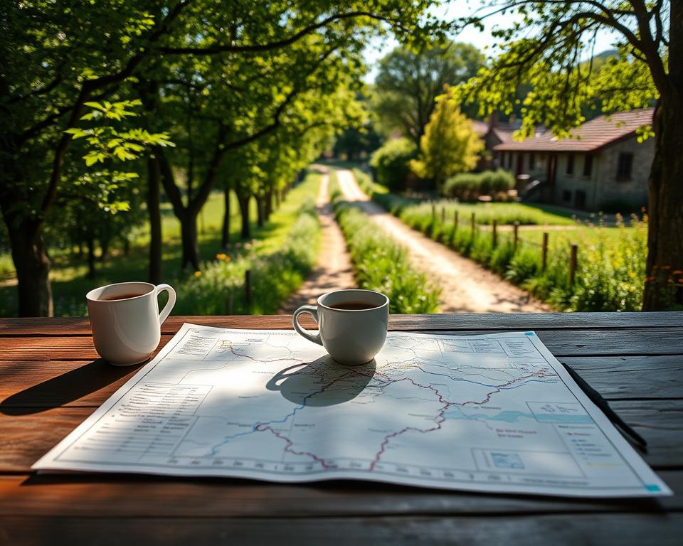 A scenic view of the Camino Portugués, illustrating a detailed stage planning map on a wooden table in the foreground, with a coffee cup and a notebook adorned with travel notes. In the middle ground, a winding path lined with lush green trees and colorful wildflowers represents the pilgrimage route, gradually leading to a rustic village in the background. The sunlight filters through the trees, casting dappled shadows on the path, evoking a warm and inviting atmosphere. The image captures a serene moment of contemplation, suggesting the journey of a pilgrim preparing for their daily goals. The perspective is slightly elevated, showcasing the beauty of the landscape while maintaining focus on the map in the foreground.