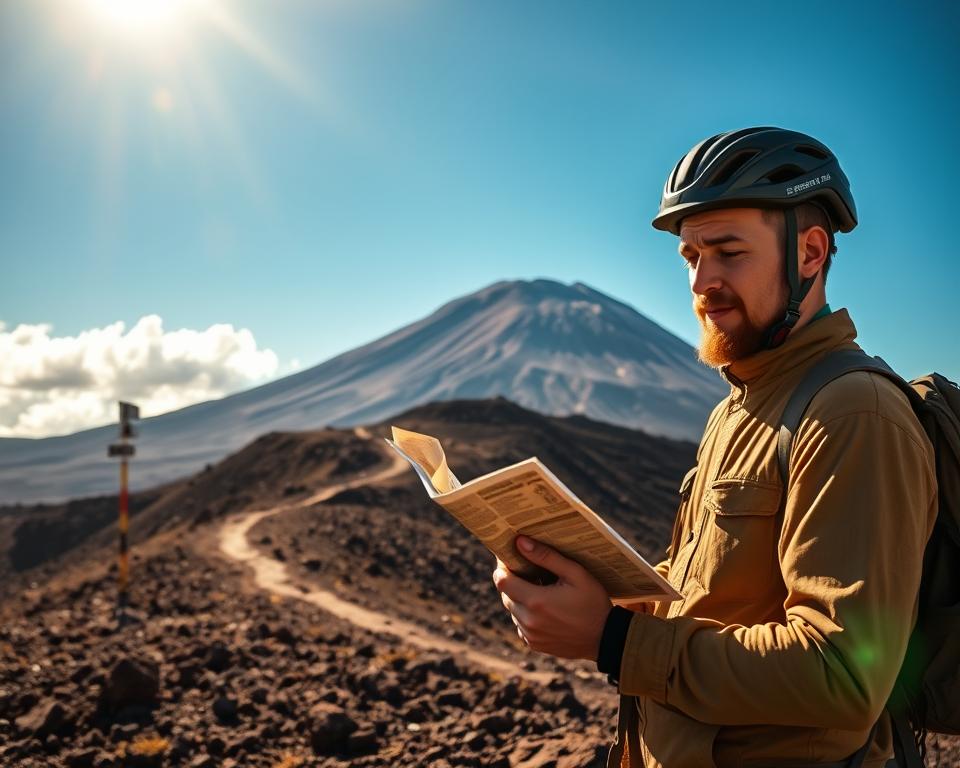 A scenic view of the Teide volcano, emphasizing safety during hiking. In the foreground, a well-equipped hiker, wearing a helmet and safety gear, checks a map with a focused expression. The middle ground features rugged trails winding up the volcanic landscape, dotted with warning signs and safety barriers. In the background, the majestic Teide peak rises against a bright blue sky, with fluffy clouds casting soft shadows on the terrain. Golden sunlight bathes the scene, creating a warm, inviting atmosphere, while the lens captures a slightly elevated angle to emphasize both the hiker and the towering volcano. The mood reflects a sense of adventure and caution, encouraging responsible hiking behavior in stunning surroundings.