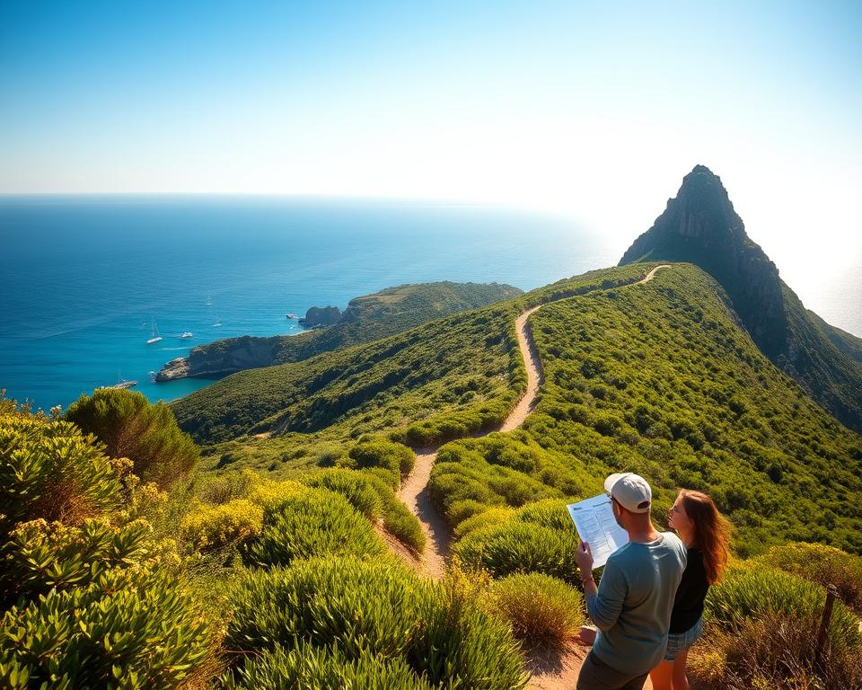 A scenic view of the iconic Rock of Gibraltar, with the lush greenery of the Gibraltar Nature Reserve in the foreground. In the middle ground, a winding hiking trail leads towards the summit, guiding adventurous travelers. The background showcases the vibrant blue of the Mediterranean Sea under a clear sky, dotted with distant sailboats. Soft, warm sunlight creates a soothing atmosphere, with the golden hour lighting enhancing the landscape's natural colors. The scene portrays a few tourists, dressed in casual, modest clothing, examining a detailed packing checklist, enveloped by the stunning views. Capture this image from a slightly elevated angle to emphasize both the trail and the majestic rock formation in the distance.