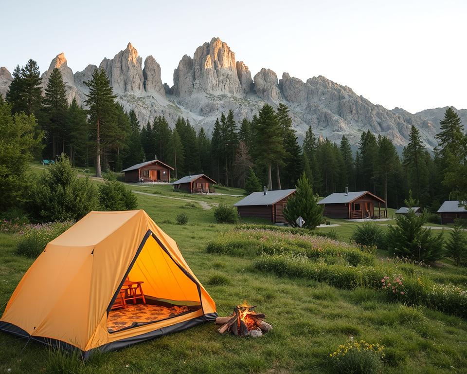 A serene camping area near Pico Europa Nationalpark, nestled in lush greenery. In the foreground, a cozy tent with a warm glow emanating from inside, showcasing a simple, inviting setup with a small campfire nearby. The middle ground features rustic cabins and wooden lodges, blending harmoniously with the natural landscape, surrounded by wildflowers and towering pine trees. In the background, majestic rocky peaks rise high against a clear sky during the golden hour, casting soft, warm light over the scene. The atmosphere is peaceful and inviting, perfect for nature lovers. Use a wide-angle lens to capture the expansive scenery, with soft-focus on the surroundings to enhance the feeling of tranquility and escape into nature. A serene camping area near Pico Europa Nationalpark, nestled in lush greenery. In the foreground, a cozy tent with a warm glow emanating from inside, showcasing a simple, inviting setup with a small campfire nearby. The middle ground features rustic cabins and wooden lodges, blending harmoniously with the natural landscape, surrounded by wildflowers and towering pine trees. In the background, majestic rocky peaks rise high against a clear sky during the golden hour, casting soft, warm light over the scene. The atmosphere is peaceful and inviting, perfect for nature lovers. Use a wide-angle lens to capture the expansive scenery, with soft-focus on the surroundings to enhance the feeling of tranquility and escape into nature.