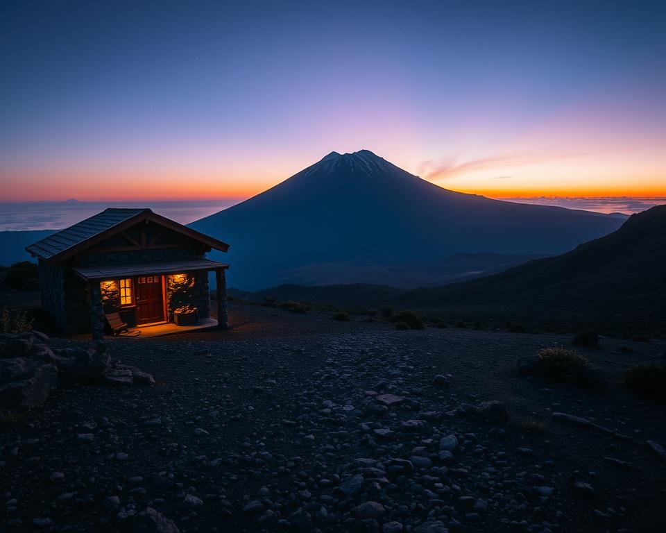 A serene evening scene of Refugio Altavista, set against the majestic backdrop of Mount Teide. In the foreground, the rustic cabin with stone walls and wooden beams is lit by warm, inviting light spilling from its windows, creating a comforting glow. The middle ground features a rocky trail leading up to the cabin, dotted with sparse vegetation characteristic of volcanic terrain. In the background, the imposing silhouette of Mount Teide looms against a twilight sky, showcasing hues of deep orange, purple, and blue, with scattered stars beginning to twinkle. The atmosphere is tranquil and inspiring, inviting hikers to rest and rejuvenate before continuing their journey. The image captures the essence of adventure and natural beauty, portrayed with a wide-angle lens for an expansive view, emphasizing the harmony between the shelter and its breathtaking surroundings.