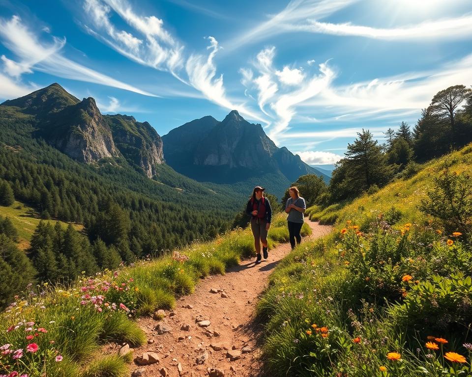 A serene hiking trail meanders through the lush landscapes of Pico Europa Nationalpark, framed by towering mountains and dense forest. In the foreground, a well-trodden path lined with vibrant wildflowers invites adventurers. The middle ground features hikers, dressed in modest, colorful outdoor gear, engaged in conversation, embodying the spirit of exploration. In the background, dramatic cliffs rise under a bright blue sky scattered with wispy clouds, while sunlight filters through the trees, casting dappled shadows on the ground. The scene captures the invigorating atmosphere of nature, with rich greens and earthy tones dominating the color palette, evoking a sense of tranquility and adventure. Use natural lighting to emphasize the beauty of the landscape, shot from a slightly elevated angle to showcase the trail's winding path. A serene hiking trail meanders through the lush landscapes of Pico Europa Nationalpark, framed by towering mountains and dense forest. In the foreground, a well-trodden path lined with vibrant wildflowers invites adventurers. The middle ground features hikers, dressed in modest, colorful outdoor gear, engaged in conversation, embodying the spirit of exploration. In the background, dramatic cliffs rise under a bright blue sky scattered with wispy clouds, while sunlight filters through the trees, casting dappled shadows on the ground. The scene captures the invigorating atmosphere of nature, with rich greens and earthy tones dominating the color palette, evoking a sense of tranquility and adventure. Use natural lighting to emphasize the beauty of the landscape, shot from a slightly elevated angle to showcase the trail's winding path.