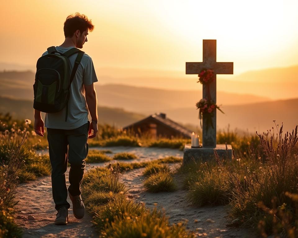 A serene landscape depicting the essence of spirituality along the Camino Portugués. In the foreground, a solitary traveler dressed in modest casual clothing, walking on a winding dirt path surrounded by lush greenery and wildflowers, symbolizing introspection. The middle ground features an ancient stone cross, adorned with soft candles and flowers, evoking a sense of ritual and tranquility. In the background, gently rolling hills under a warm, golden sunset create a peaceful atmosphere. The soft, diffused lighting casts long shadows and enhances the warm tones, while a slight bokeh effect adds depth. The overall mood is reflective and calming, inviting viewers to embrace their own spiritual journey.