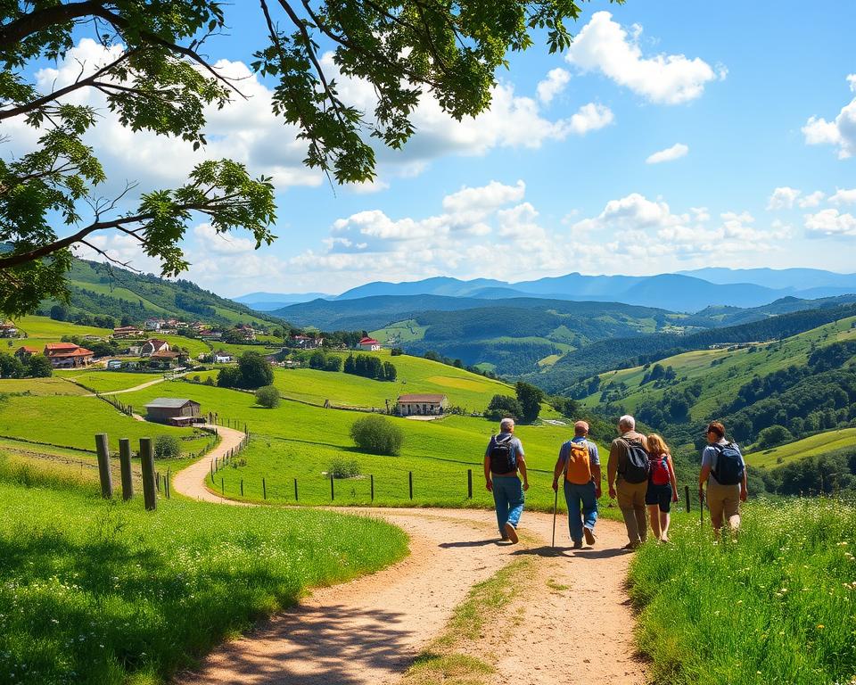 A serene scene depicting the "Camino Portugués" pathway winding through lush green landscapes, with quaint villages nestled among rolling hills. In the foreground, a well-trodden dirt path lined with small wildflowers, inviting pilgrims on their journey. Include a healthy mix of light filtering through overhanging trees, casting dappled shadows on the path, creating a tranquil ambiance. In the middle ground, depict a group of diverse pilgrims in modest casual clothing, carrying backpacks and walking sticks, engaged in friendly conversation, embodying the spirit of community. The background features distant mountains under a bright blue sky with fluffy white clouds, enhancing the sense of adventure and exploration. The overall mood should be peaceful and inspiring, showcasing the essence of pilgrimage along the Camino Portugués.