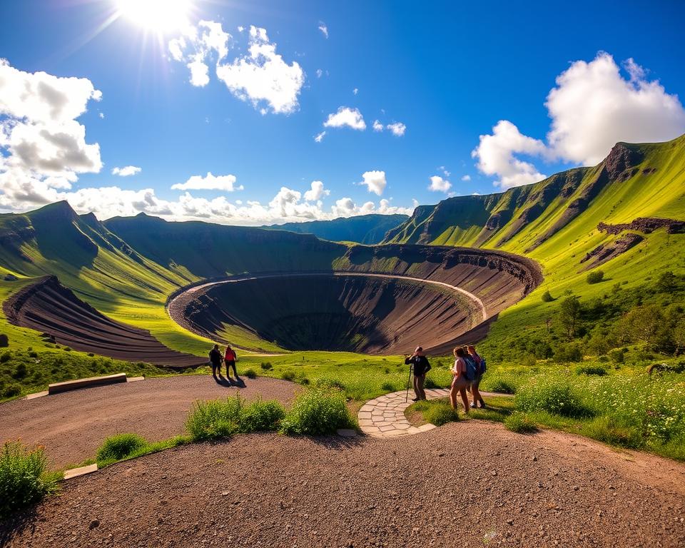 A serene view of the Caldera de los Cuervos, showcasing its deep volcanic crater surrounded by lush green vegetation. In the foreground, there is a well-maintained parking area with stone pathways leading into the caldera. The middle ground reveals gentle hills covered in wildflowers, with hikers in professional hiking attire, discussing their plans. The background features the imposing caldera walls, highlighted by a clear blue sky, scattered clouds, and golden sunlight streaming through, casting soft shadows. The scene captures the tranquil yet adventurous atmosphere of this unique landscape, inviting exploration and adventure. The angle is slightly elevated, providing a panoramic perspective of the entire landscape. A serene view of the Caldera de los Cuervos, showcasing its deep volcanic crater surrounded by lush green vegetation. In the foreground, there is a well-maintained parking area with stone pathways leading into the caldera. The middle ground reveals gentle hills covered in wildflowers, with hikers in professional hiking attire, discussing their plans. The background features the imposing caldera walls, highlighted by a clear blue sky, scattered clouds, and golden sunlight streaming through, casting soft shadows. The scene captures the tranquil yet adventurous atmosphere of this unique landscape, inviting exploration and adventure. The angle is slightly elevated, providing a panoramic perspective of the entire landscape.