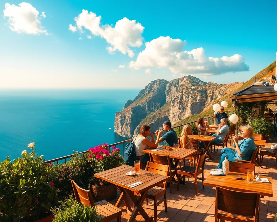 A serene view of the “Pause Aussichtspunkt” overlooking the majestic cliffs of Gibraltar, where the iconic rock meets the azure Mediterranean Sea. In the foreground, a cozy terrace with rustic wooden tables and comfortable chairs invites visitors to sit and enjoy refreshments. Lush greenery and vibrant flowers adorn the area, creating a welcoming atmosphere. In the middle ground, people in modest casual clothing relax and chat, sipping drinks and enjoying snacks, their faces conveying joy and tranquility. The background showcases the towering cliffs of Gibraltar bathed in golden sunlight, with fluffy white clouds scattered across a bright blue sky. The scene is captured from a slightly elevated angle, with soft, warm lighting enhancing the inviting mood and emphasizing the natural beauty of this tranquil spot. A serene view of the “Pause Aussichtspunkt” overlooking the majestic cliffs of Gibraltar, where the iconic rock meets the azure Mediterranean Sea. In the foreground, a cozy terrace with rustic wooden tables and comfortable chairs invites visitors to sit and enjoy refreshments. Lush greenery and vibrant flowers adorn the area, creating a welcoming atmosphere. In the middle ground, people in modest casual clothing relax and chat, sipping drinks and enjoying snacks, their faces conveying joy and tranquility. The background showcases the towering cliffs of Gibraltar bathed in golden sunlight, with fluffy white clouds scattered across a bright blue sky. The scene is captured from a slightly elevated angle, with soft, warm lighting enhancing the inviting mood and emphasizing the natural beauty of this tranquil spot.