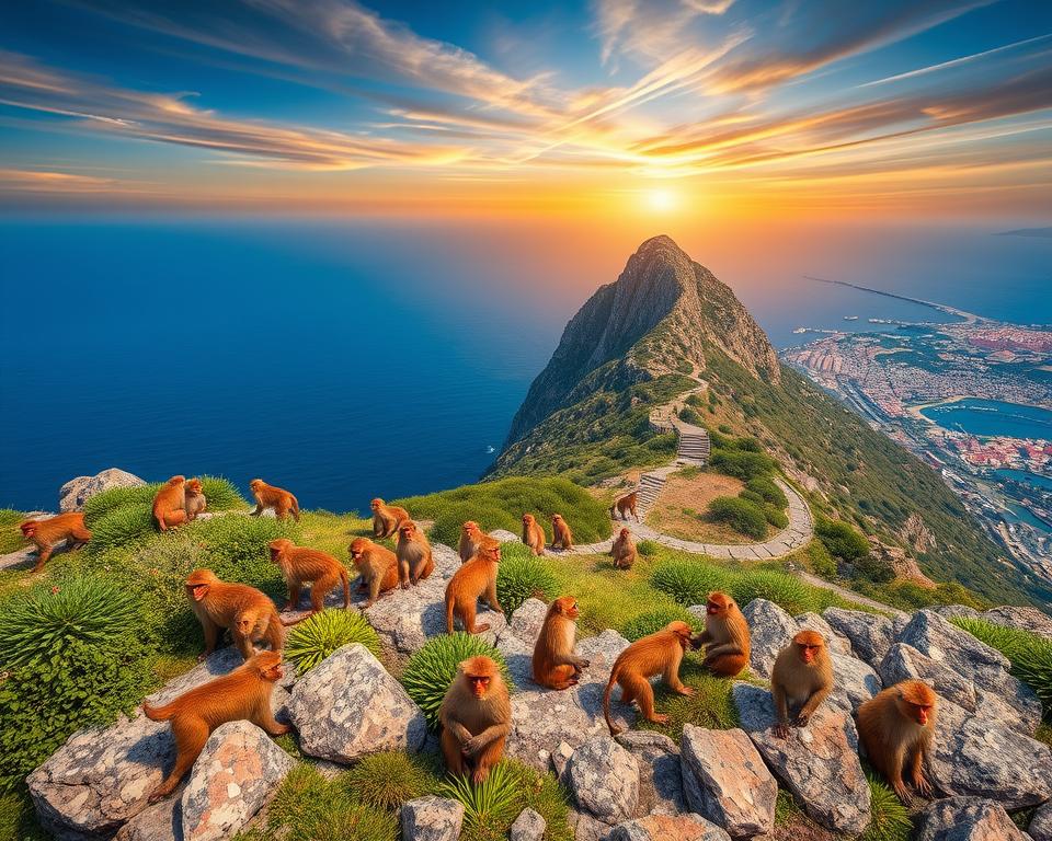 A stunning landscape of Gibraltar's iconic Rock, framed by the deep blue Mediterranean Sea. In the foreground, a group of playful Barbary macaques, also known as Gibraltar monkeys, frolic on the rugged rocks. The middle layer features lush greenery interspersed with ancient stone trails leading up the Rock, highlighting its historical significance. In the background, a dramatic sunset casts warm golden hues across the sky, illuminating the coastal town below and the distant outlines of the Moroccan coastline. The overall mood is serene yet vibrant, suggesting the strategic military and cultural importance of Gibraltar. The scene is captured with a wide-angle lens, emphasizing the grandeur of the landscape and animals in natural light, creating a sense of place that resonates with history and culture.
