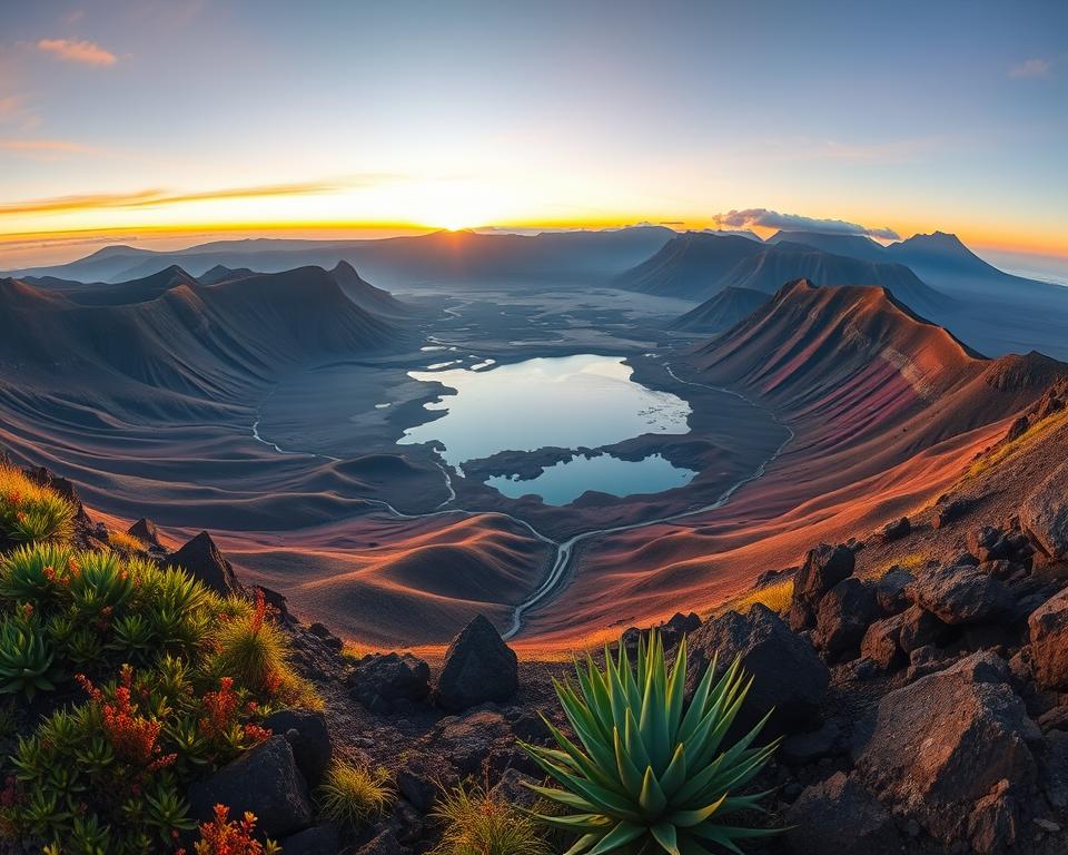 A stunning panoramic view of Caldera de los Cuervos, showcasing its unique volcanic landscape. In the foreground, vibrant flora and sharp volcanic rocks frame the scene. The middle ground features the expansive caldera itself, with rich earth tones and a serene lake reflecting the sky. In the background, dramatic, craggy mountains rise under a dramatic sunset, casting warm golden and orange hues into the scene. Soft, diffused lighting enhances the mood, creating a tranquil yet awe-inspiring atmosphere. The angle is slightly elevated, allowing for a comprehensive view of the breathtaking topography, ideal for capturing striking photographs. A stunning panoramic view of Caldera de los Cuervos, showcasing its unique volcanic landscape. In the foreground, vibrant flora and sharp volcanic rocks frame the scene. The middle ground features the expansive caldera itself, with rich earth tones and a serene lake reflecting the sky. In the background, dramatic, craggy mountains rise under a dramatic sunset, casting warm golden and orange hues into the scene. Soft, diffused lighting enhances the mood, creating a tranquil yet awe-inspiring atmosphere. The angle is slightly elevated, allowing for a comprehensive view of the breathtaking topography, ideal for capturing striking photographs.